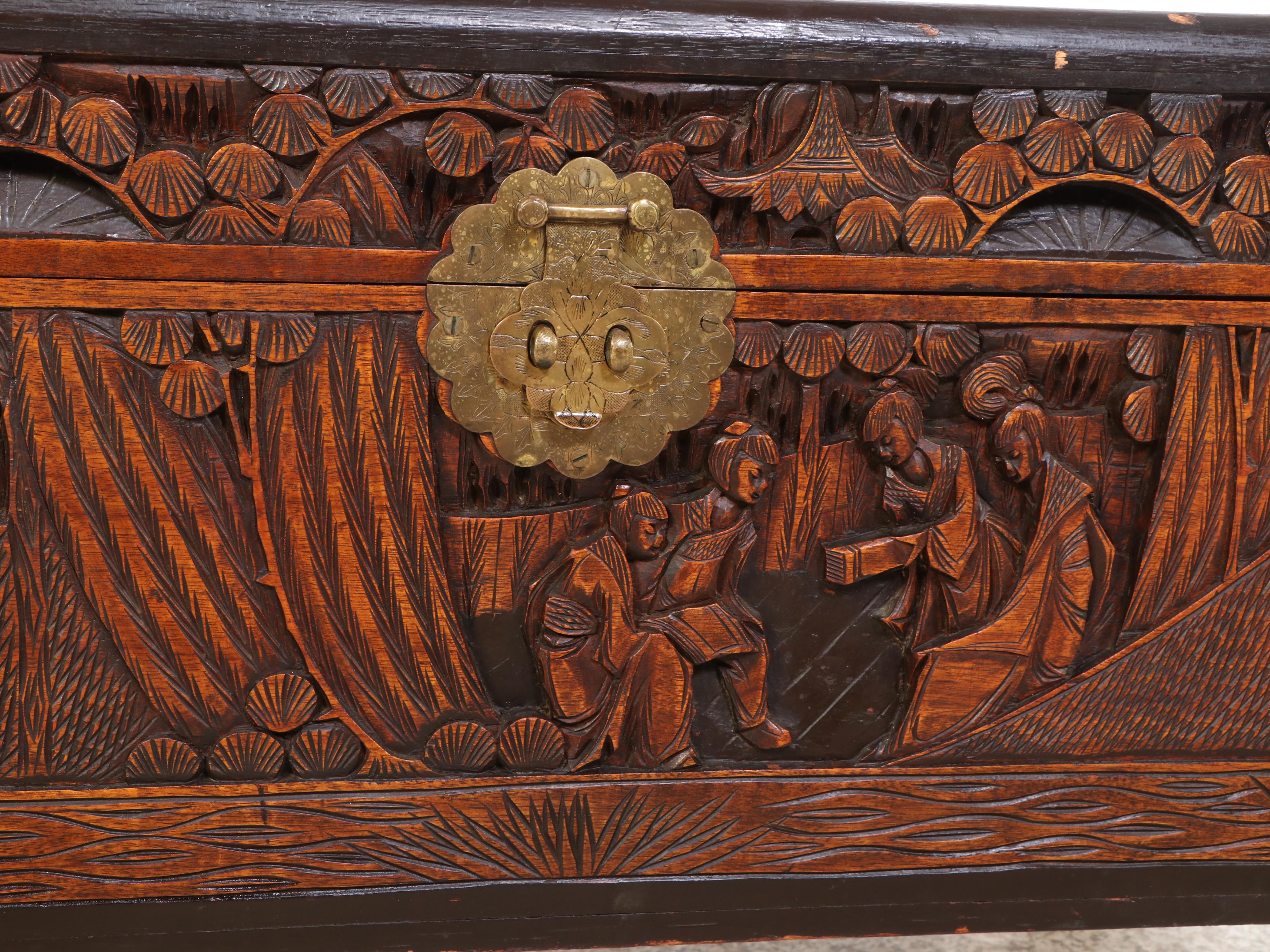 A.R. Scarsi & Co. Chinese Carved Wooden Trunk, 20th Century