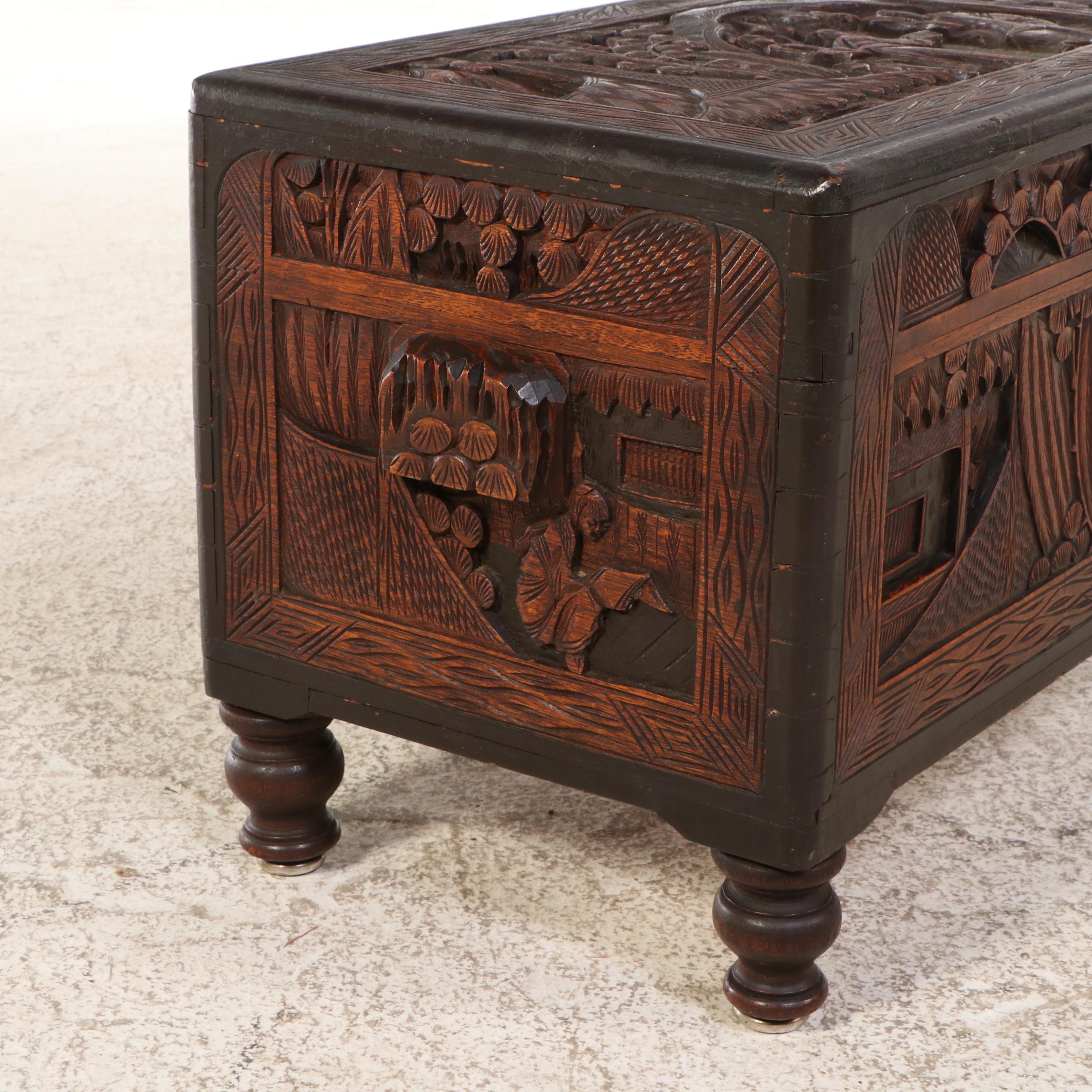 A.R. Scarsi & Co. Chinese Carved Wooden Trunk, 20th Century
