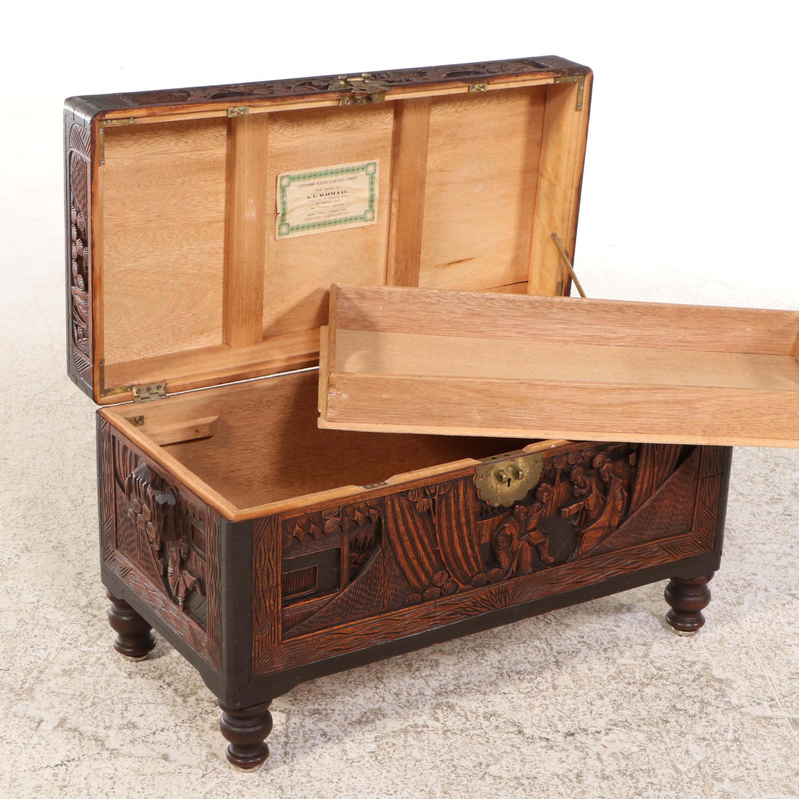A.R. Scarsi & Co. Chinese Carved Wooden Trunk, 20th Century