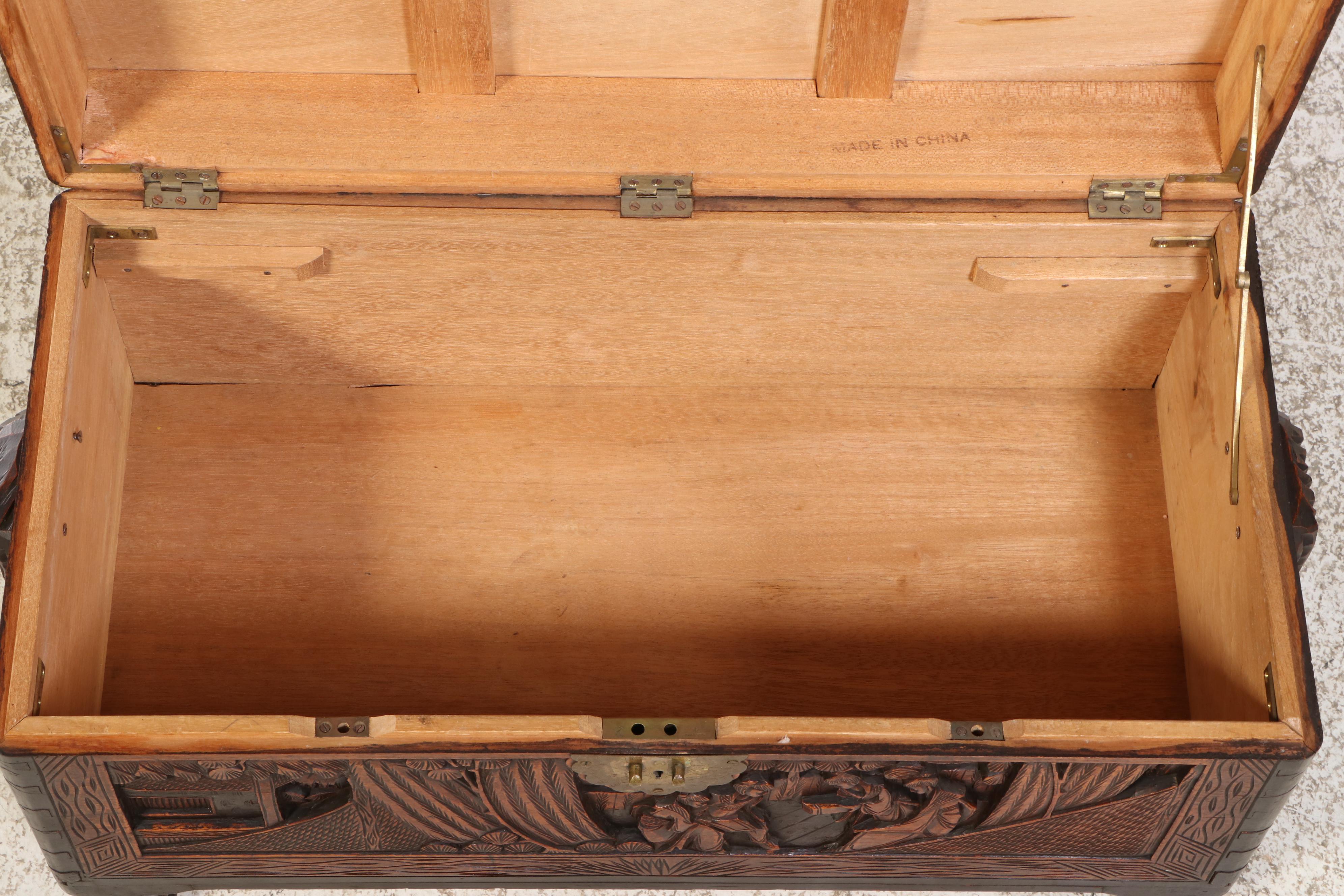 A.R. Scarsi & Co. Chinese Carved Wooden Trunk, 20th Century