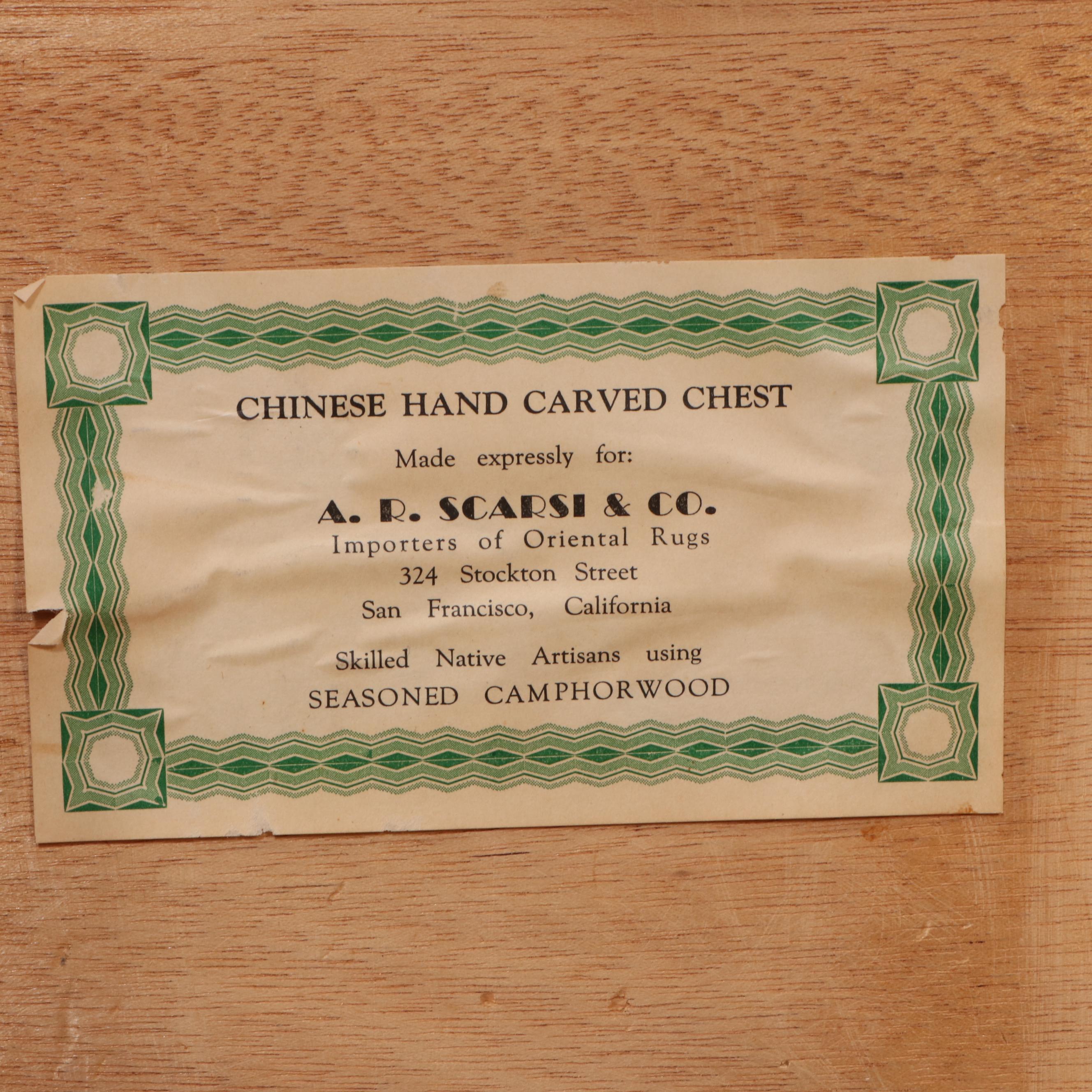 A.R. Scarsi & Co. Chinese Carved Wooden Trunk, 20th Century