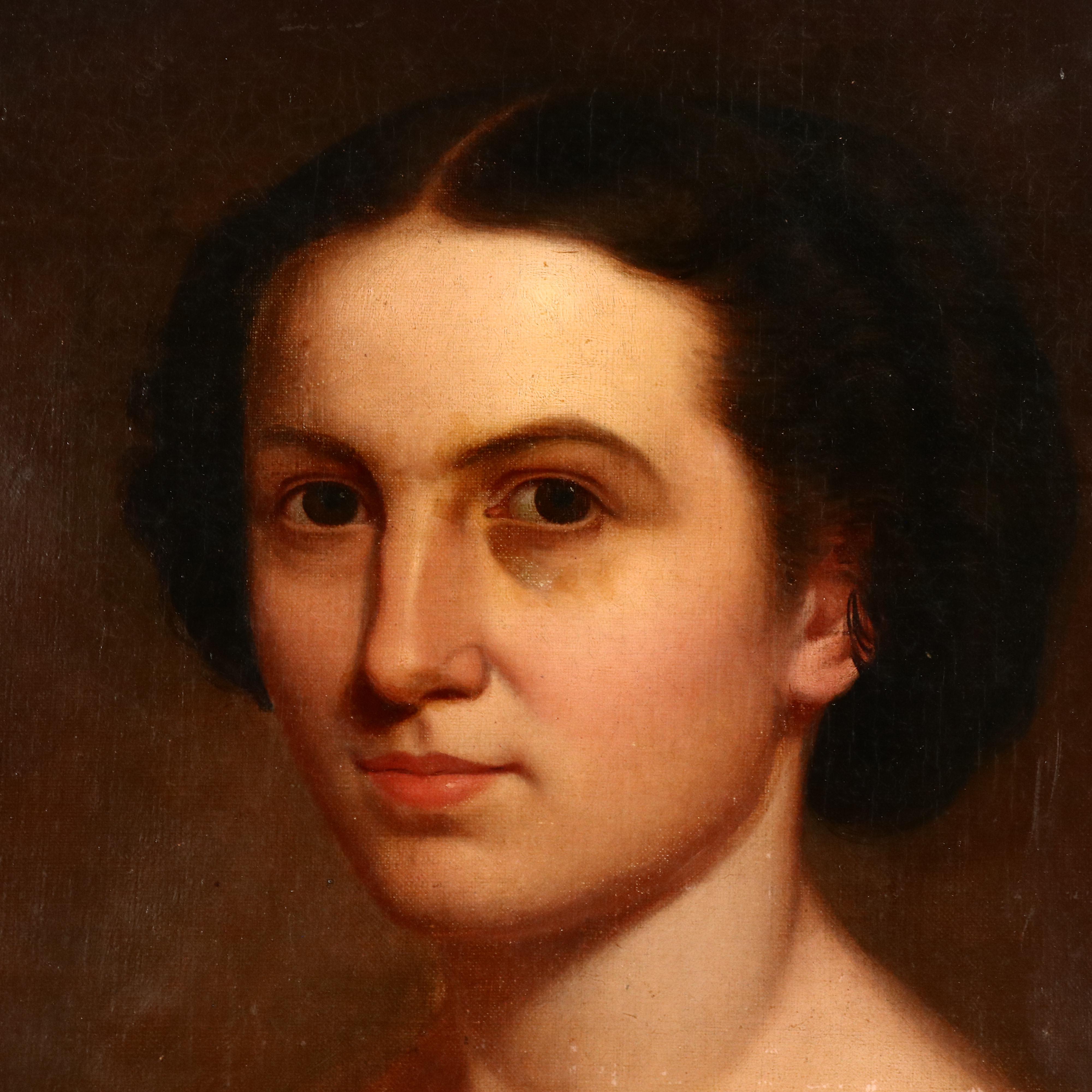 Portrait Oil Painting of Young Woman In Fine Dress, 19th Century