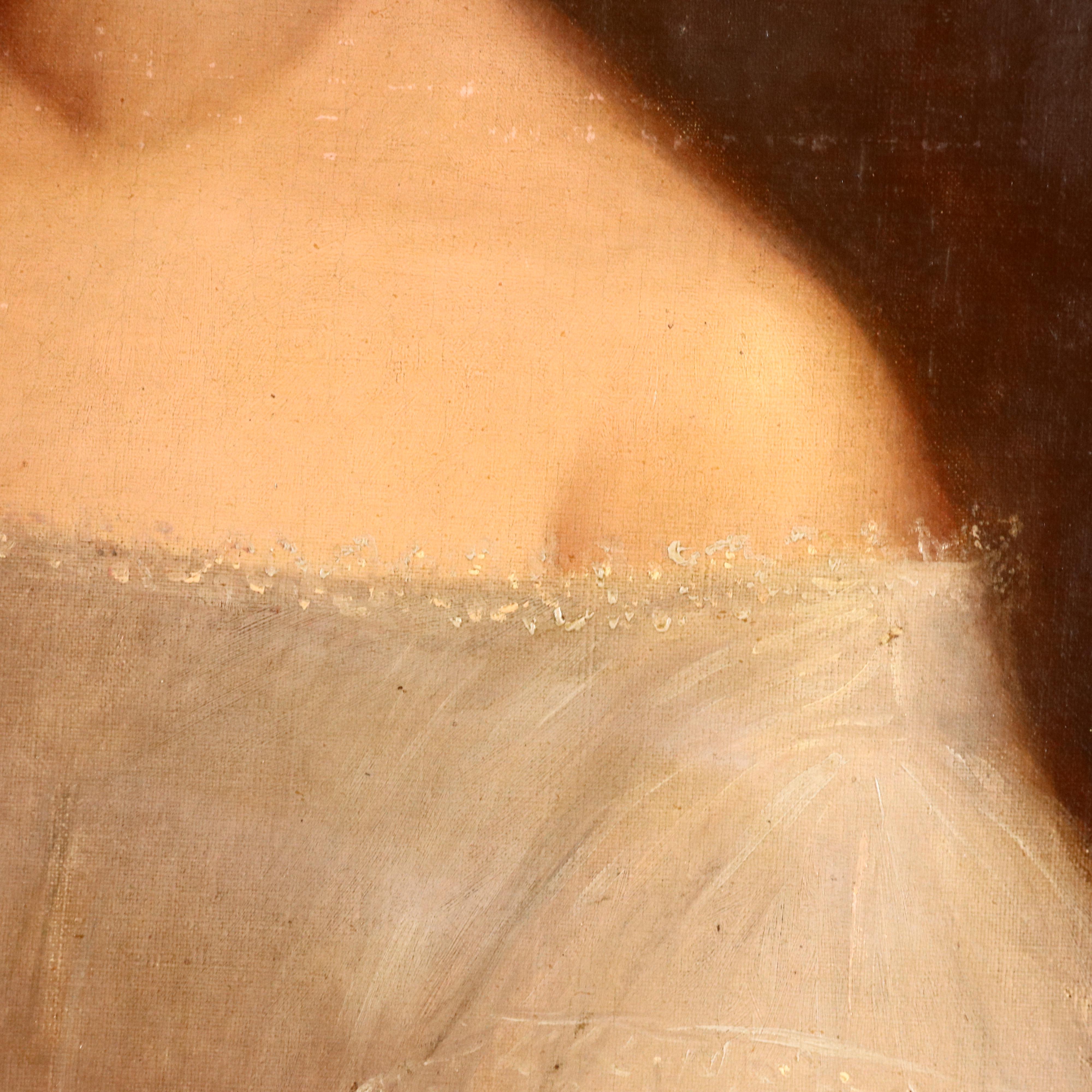 Portrait Oil Painting of Young Woman In Fine Dress, 19th Century