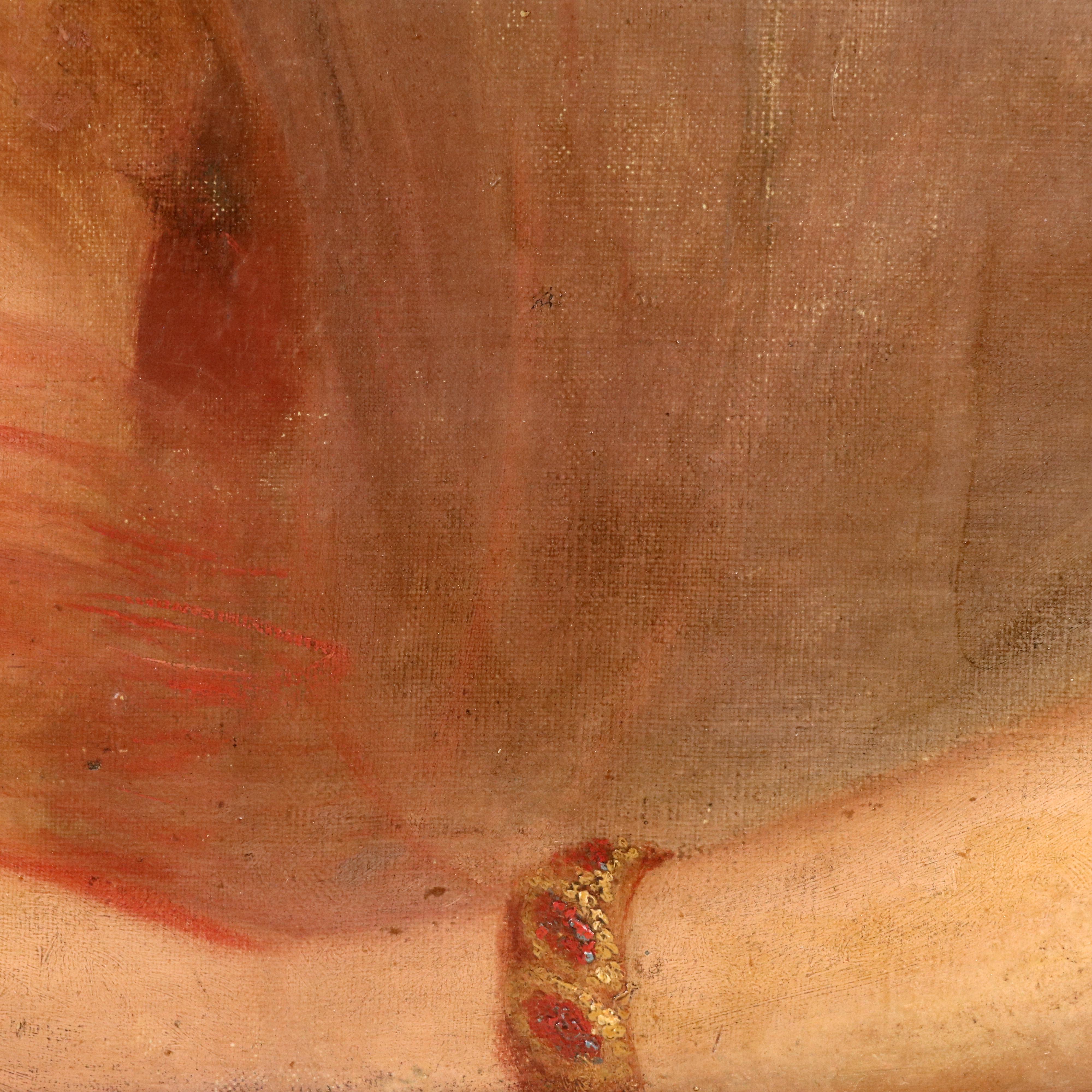 Portrait Oil Painting of Young Woman In Fine Dress, 19th Century