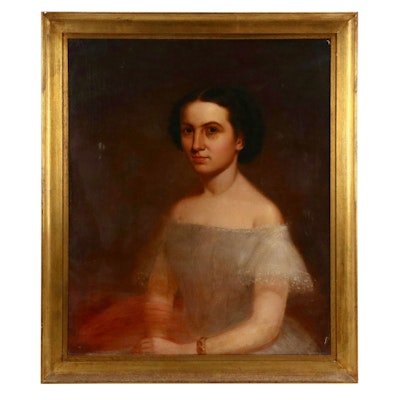 Portrait Oil Painting of Young Woman In Fine Dress, 19th Century Portrait Oil Painting of Young Woman In Fine Dress, 19th Century
