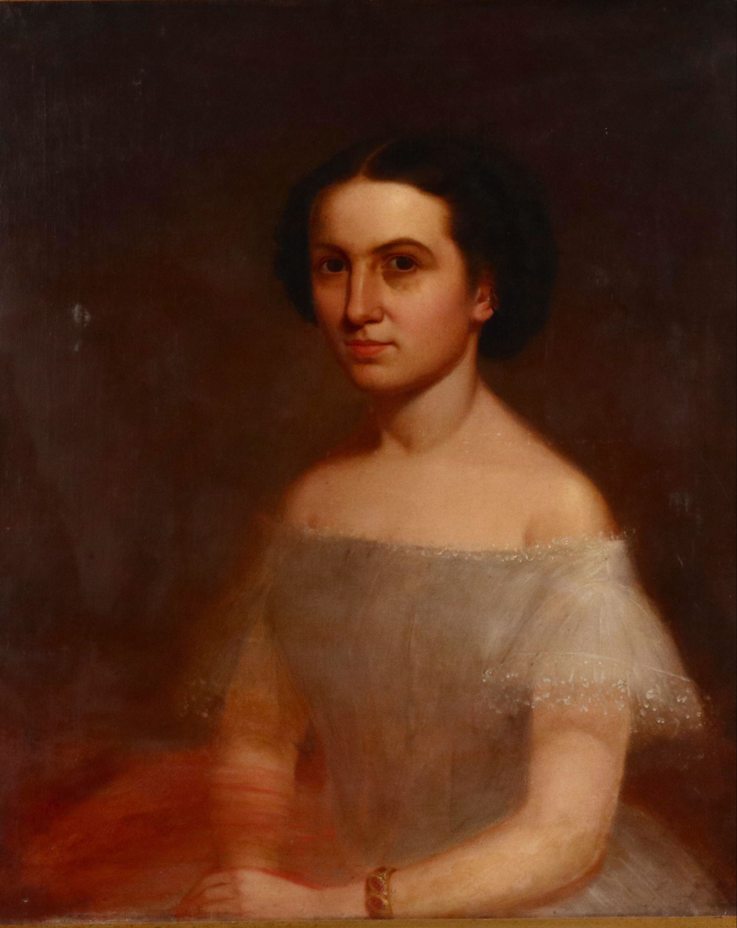 Portrait Oil Painting of Young Woman In Fine Dress, 19th Century