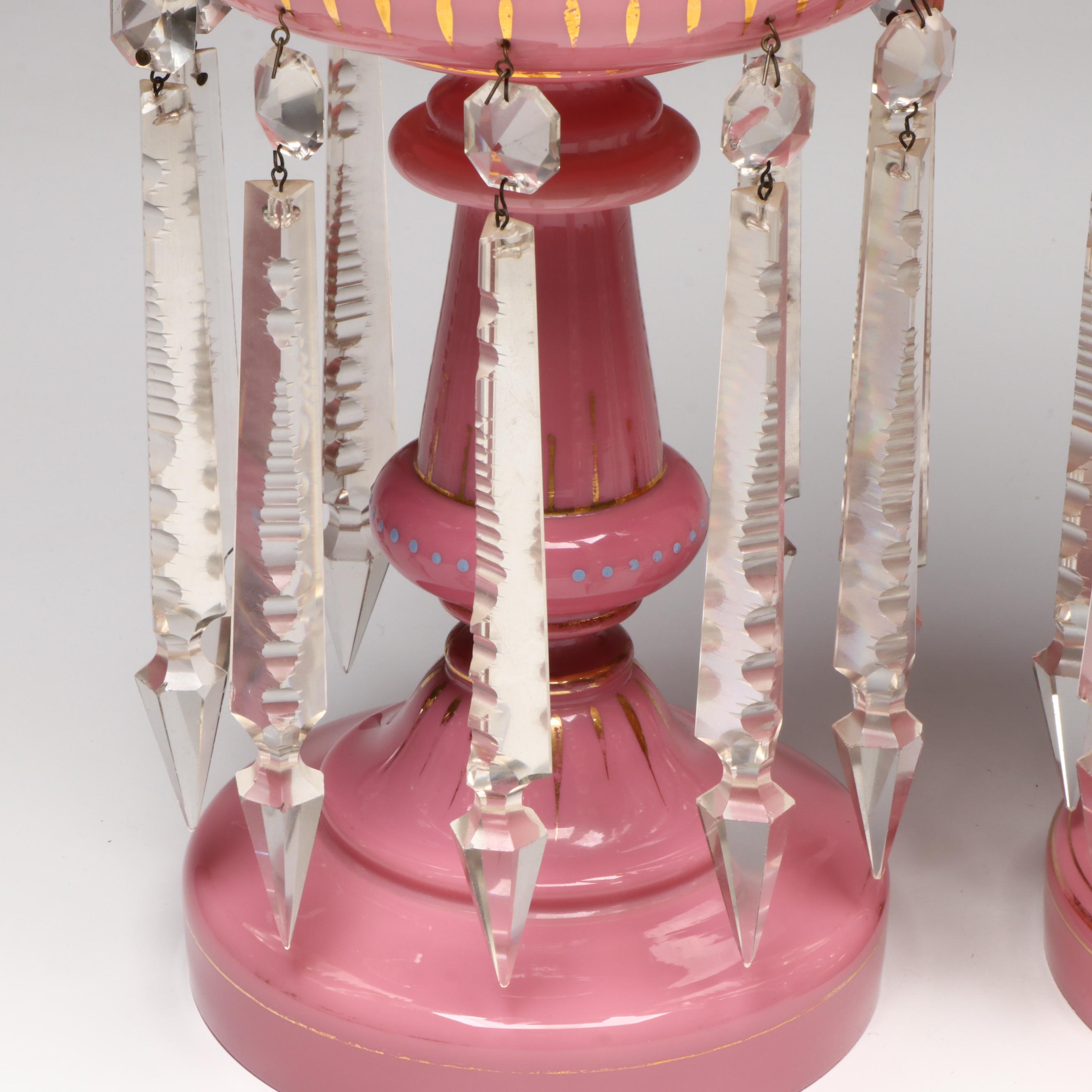 Pair of Victorian Pink Cased Glass Mantel Lusters, Late 19th Century