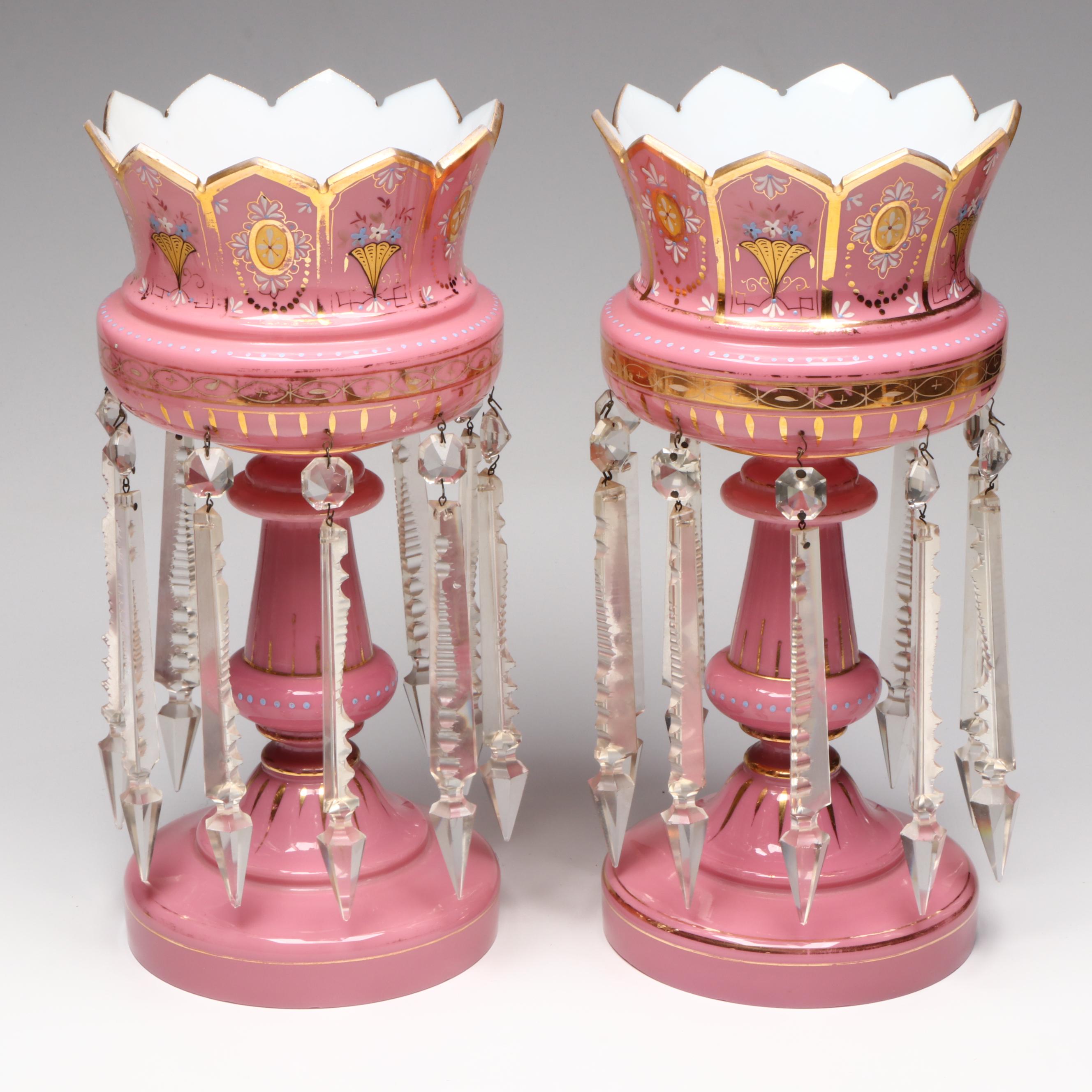 Pair of Victorian Pink Cased Glass Mantel Lusters, Late 19th Century