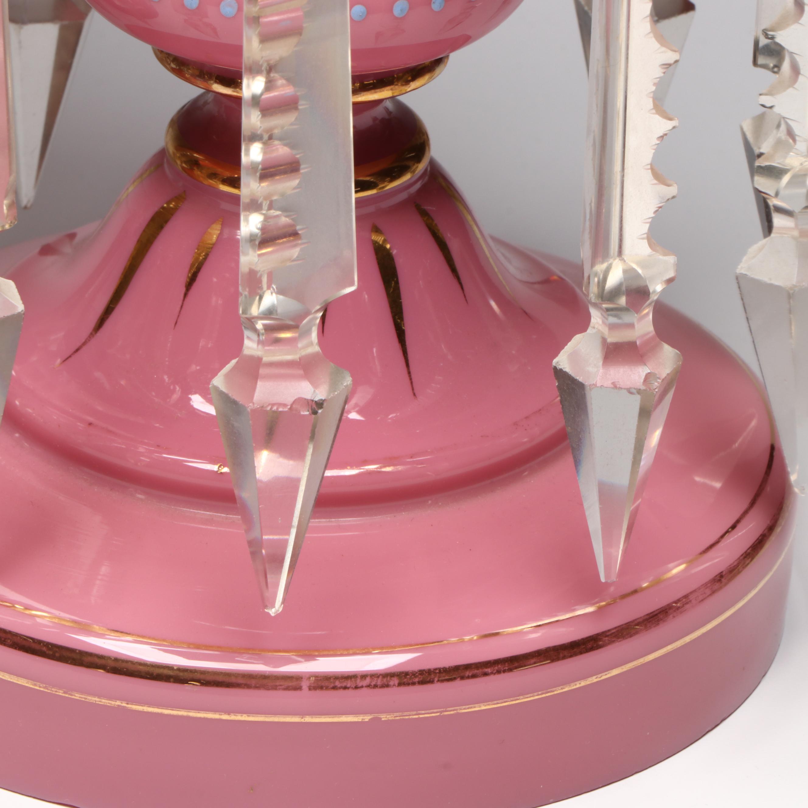 Pair of Victorian Pink Cased Glass Mantel Lusters, Late 19th Century