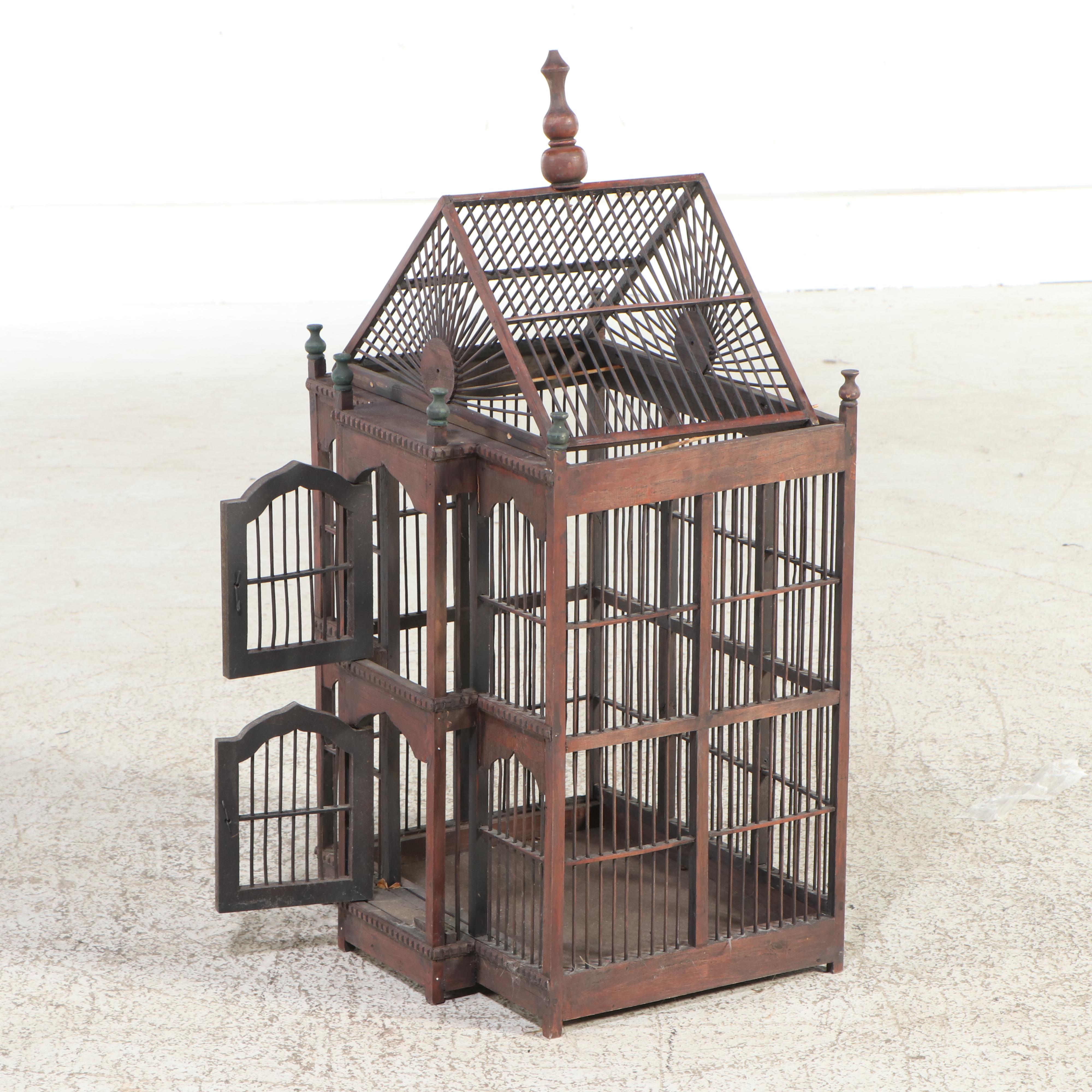 Victorian Style Parcel-Painted Wood Two-Door Birdcage