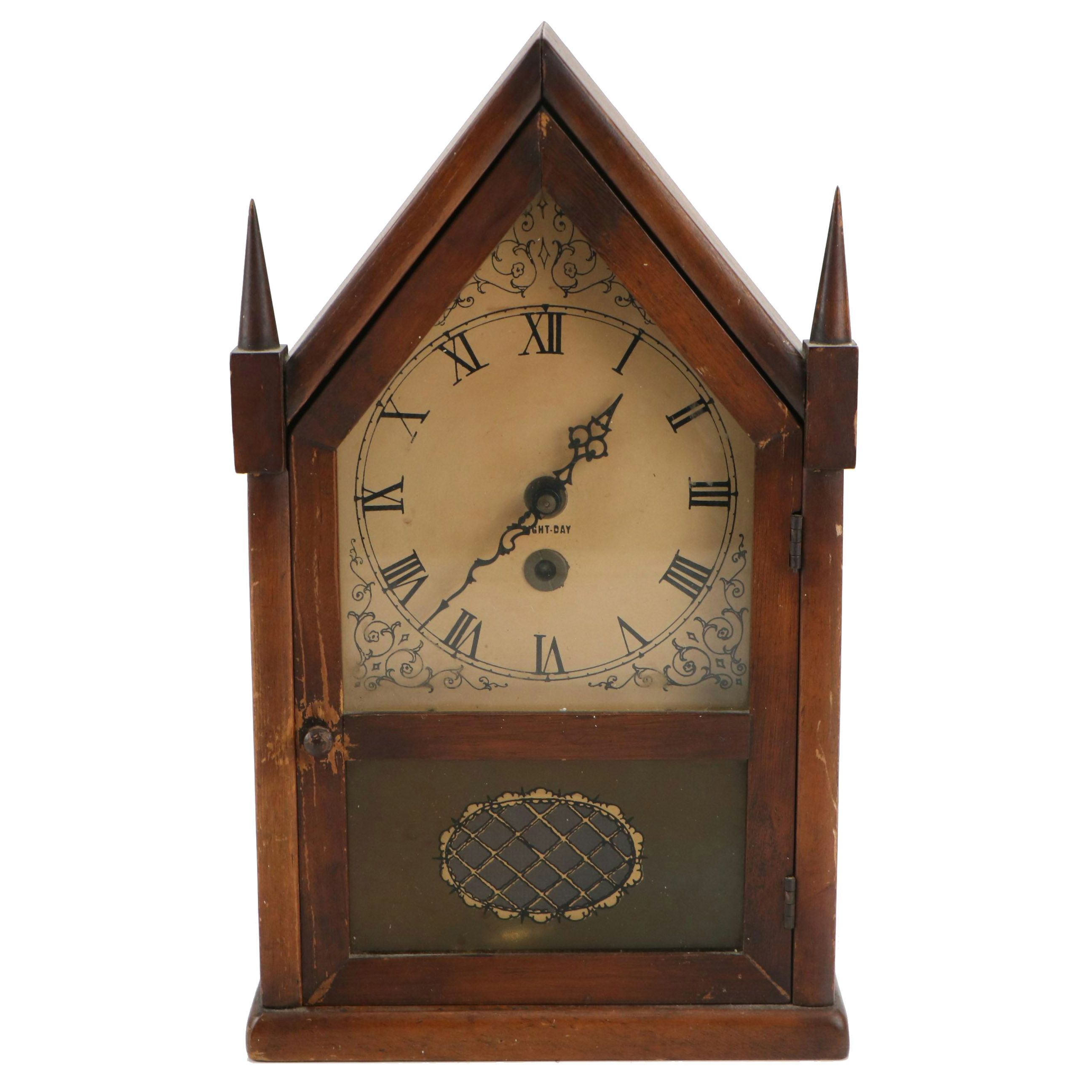 Victorian Style Eight Day Clock Wooden Steeple Mantel Clock, Mid-20th Century