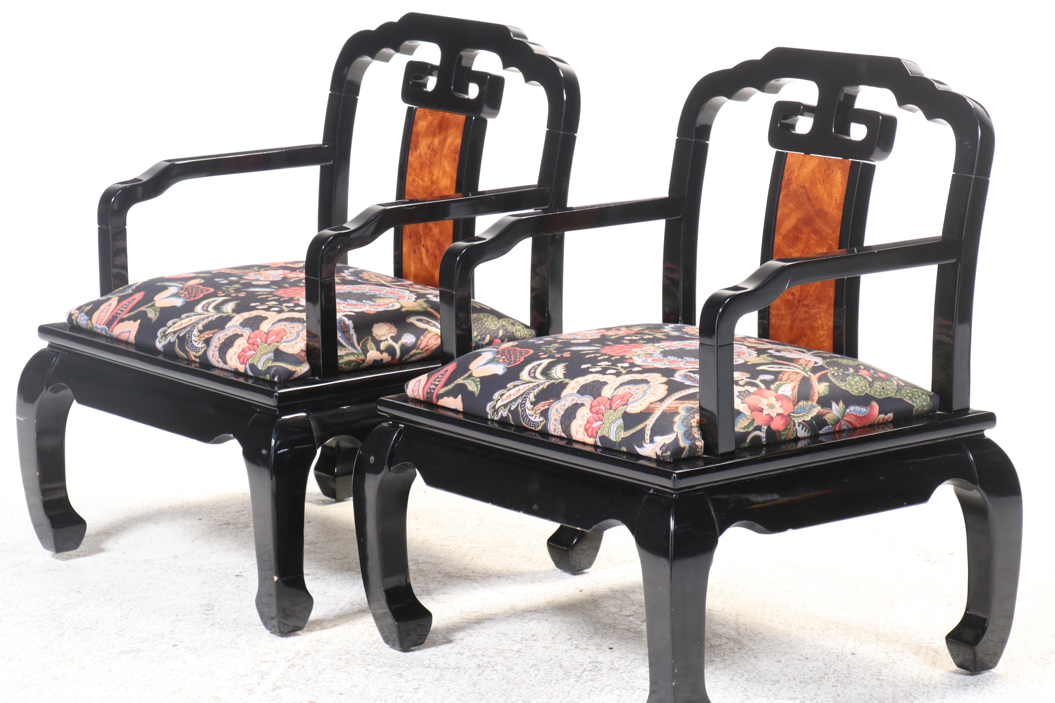 Pair of Schnadig Chinese Ming Style Black Lacquered Armchairs