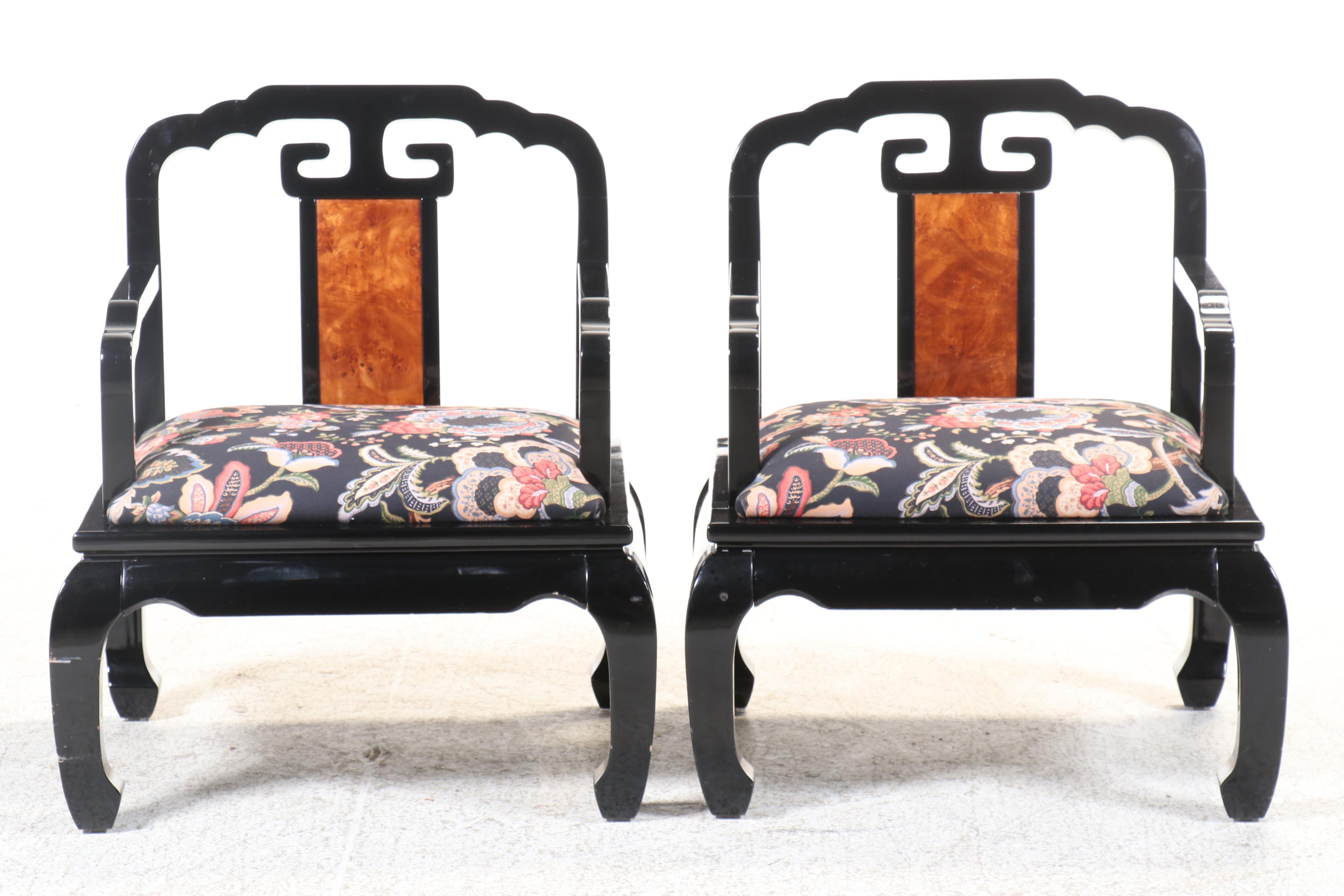 Pair of Schnadig Chinese Ming Style Black Lacquered Armchairs