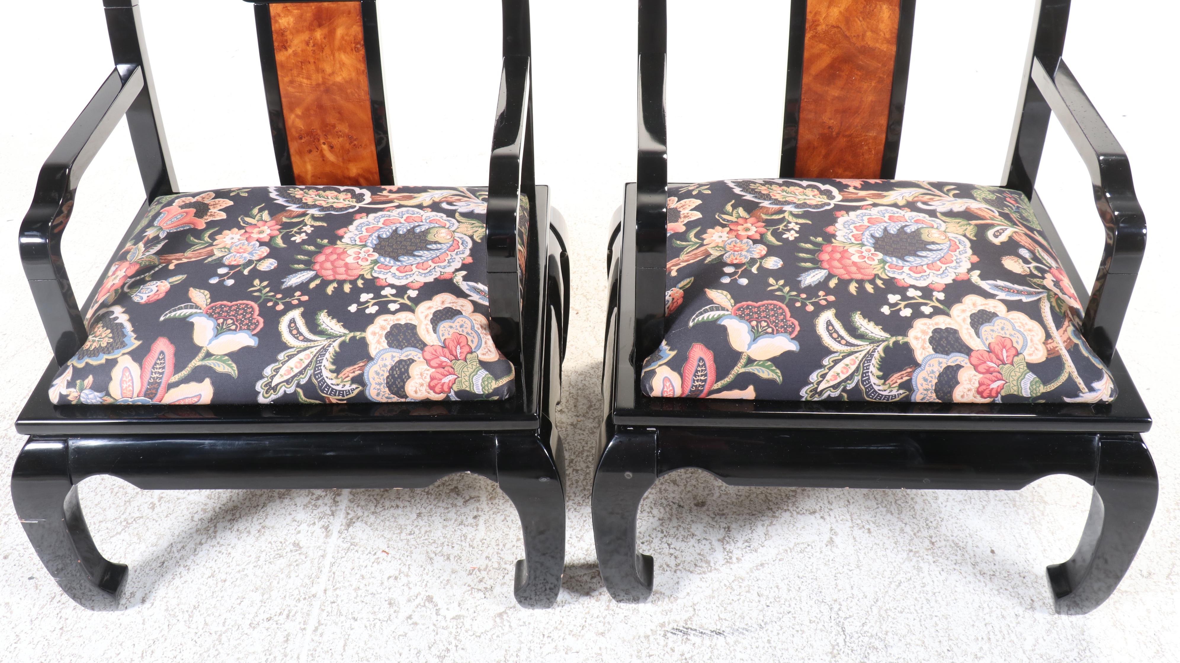 Pair of Schnadig Chinese Ming Style Black Lacquered Armchairs