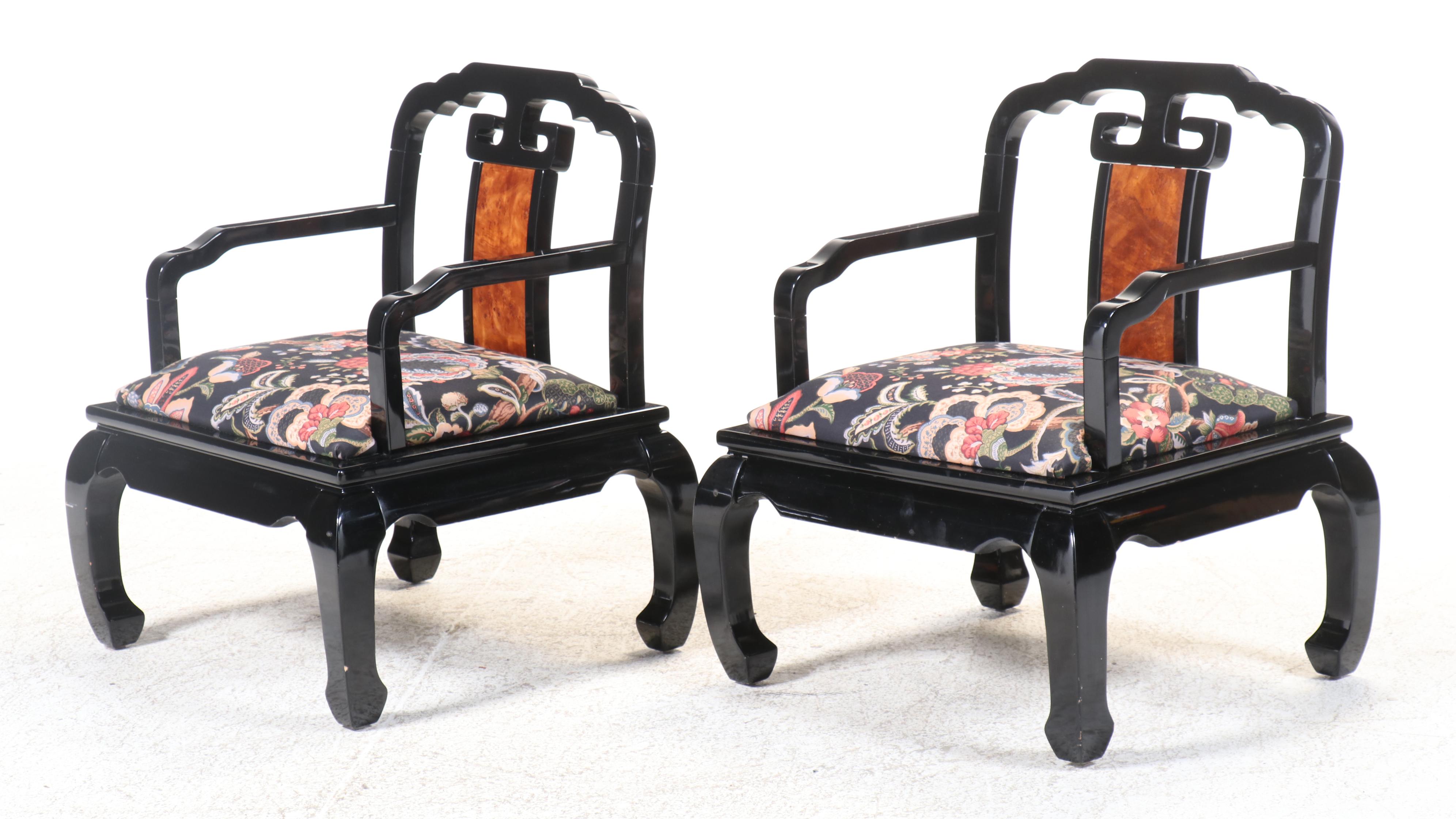 Pair of Schnadig Chinese Ming Style Black Lacquered Armchairs