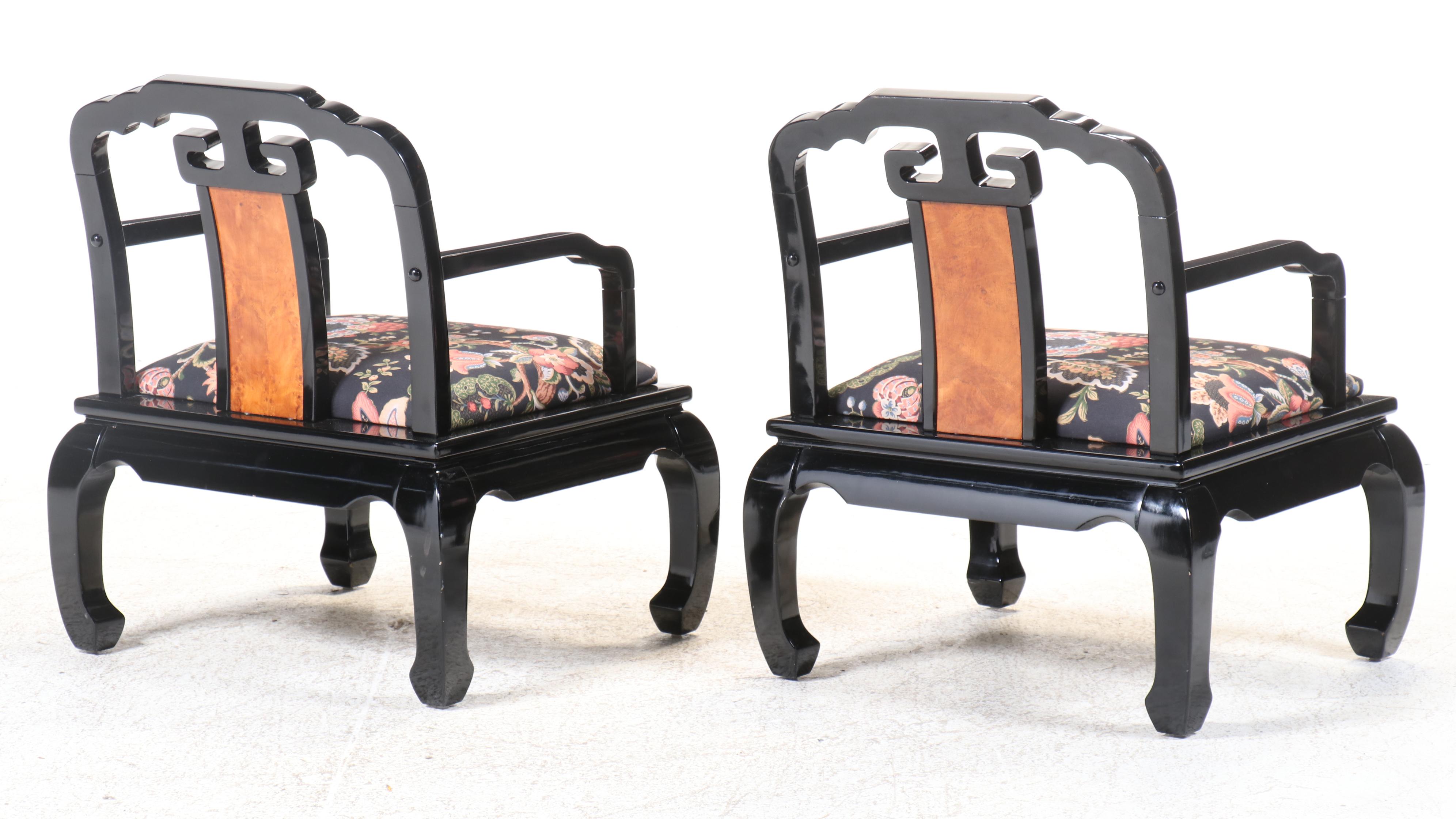 Pair of Schnadig Chinese Ming Style Black Lacquered Armchairs