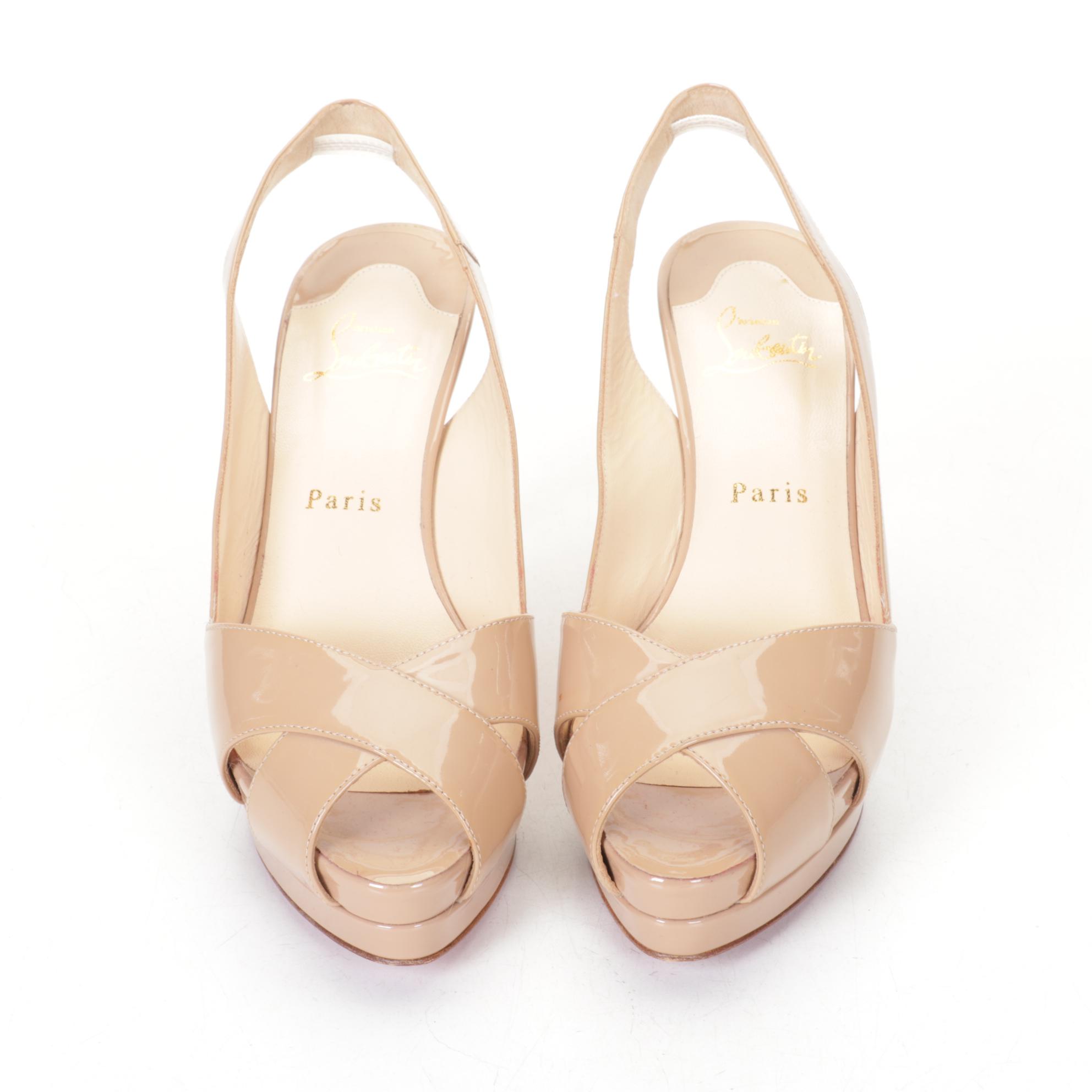 Christian Louboutin Peep Toe "Marpoil" Slingback Pumps, Beige Patent Leather