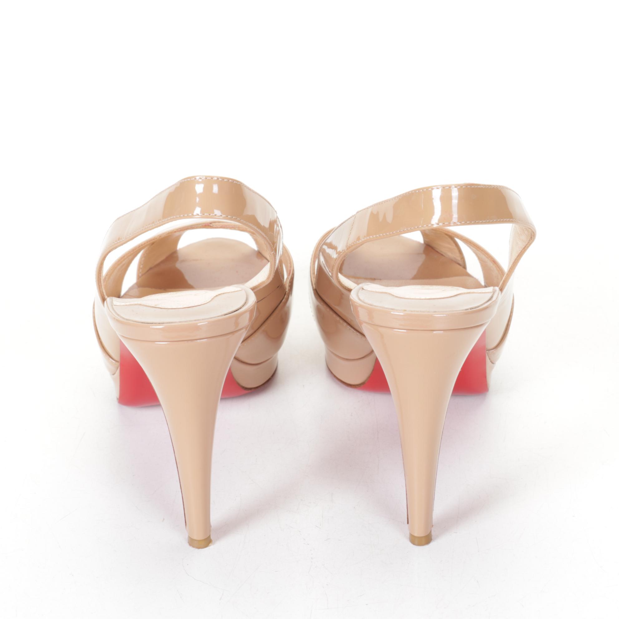 Christian Louboutin Peep Toe "Marpoil" Slingback Pumps, Beige Patent Leather