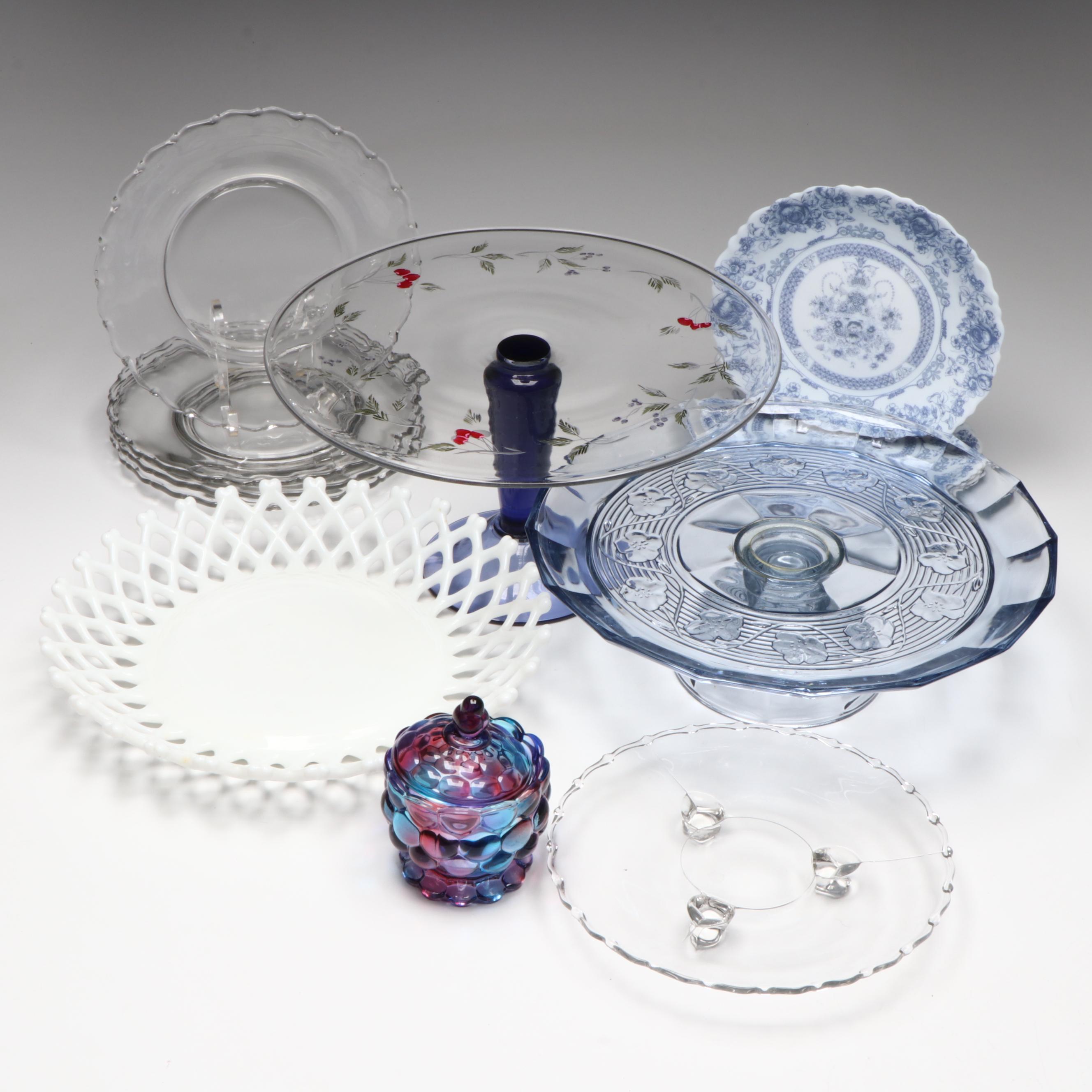 French Arcopal "Honorine" Glass Salad Plates with Other Glass Table Accessories