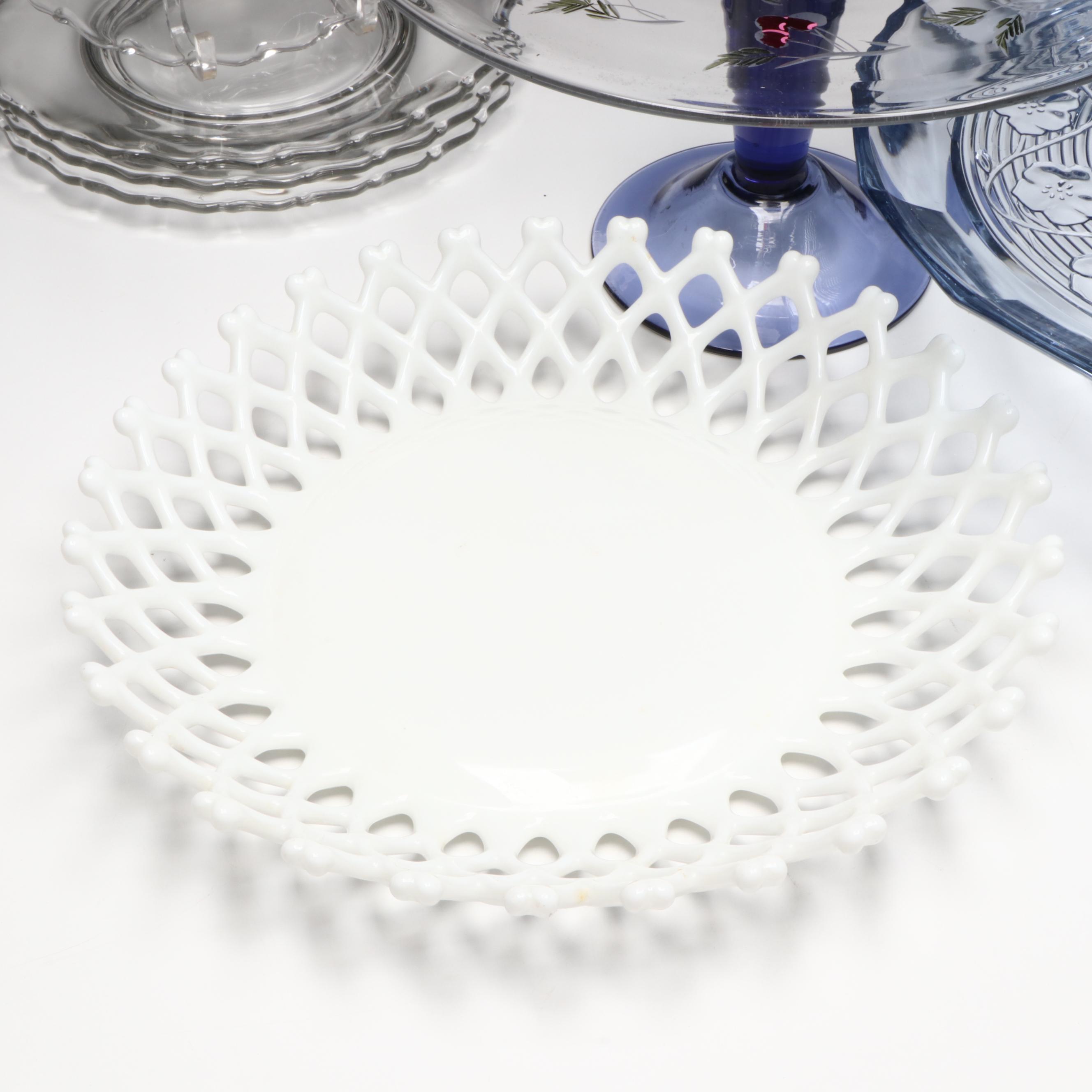 French Arcopal "Honorine" Glass Salad Plates with Other Glass Table Accessories