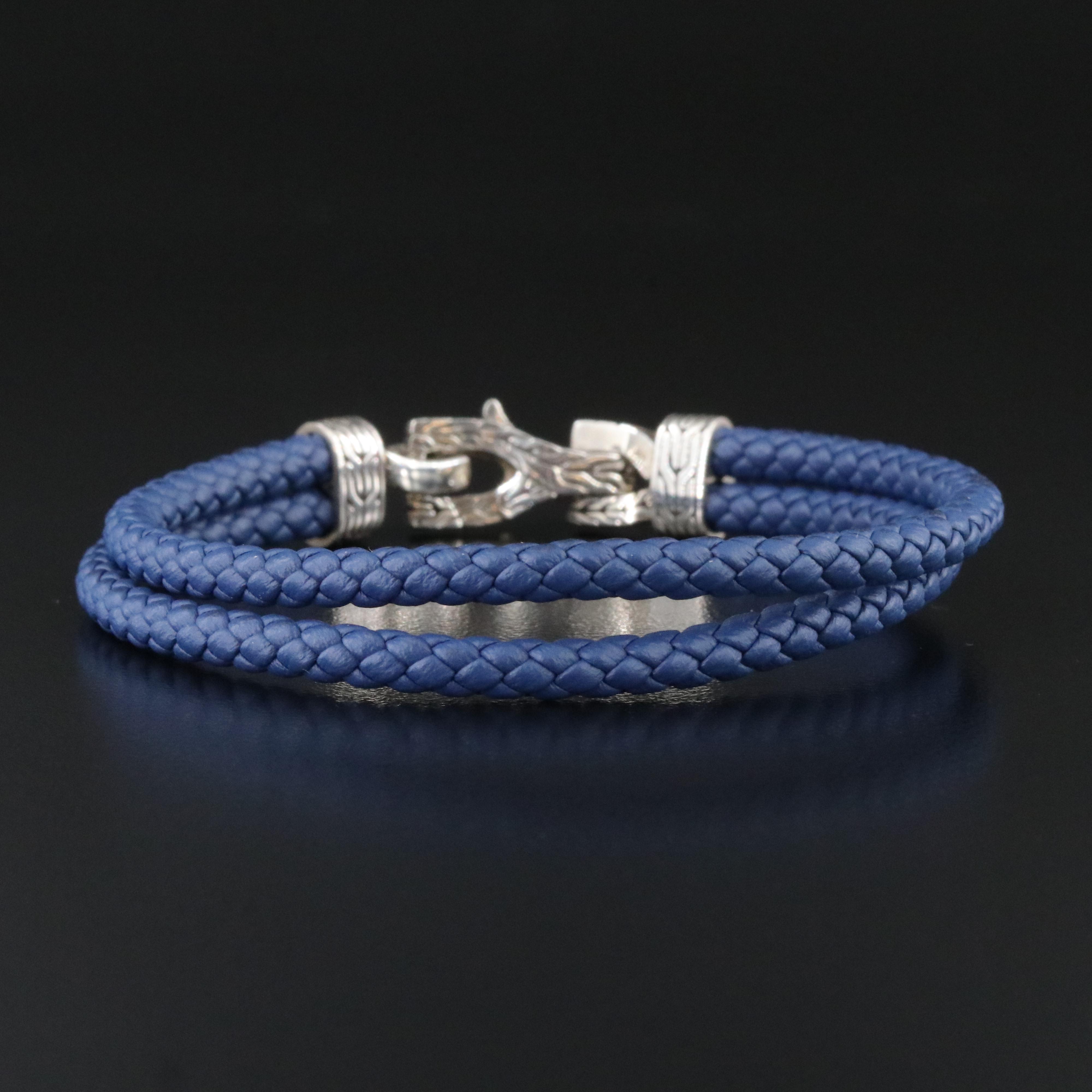 John Hardy Double Strand Braided Blue Leather Bracelet with Sterling Asli Clasp
