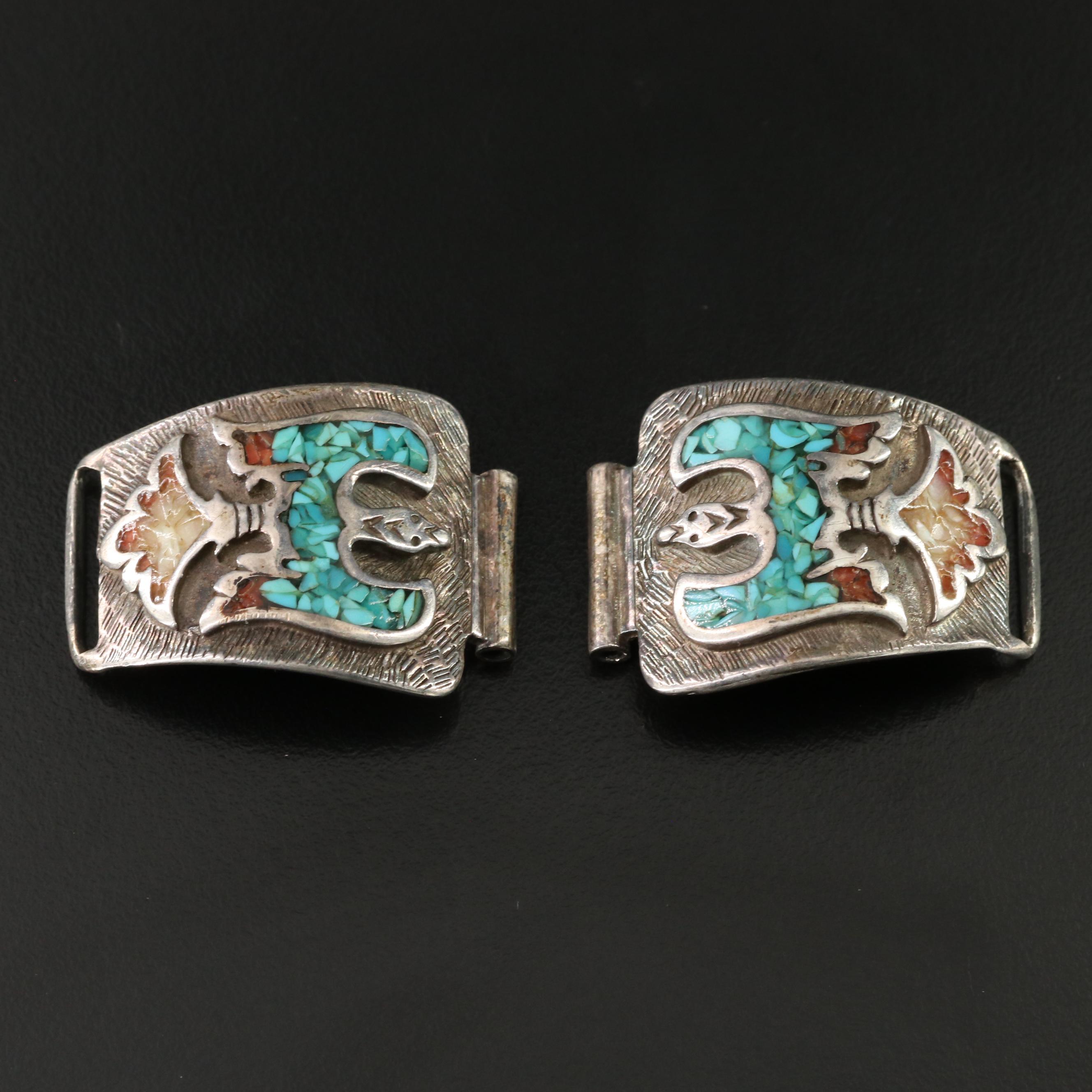 Vintage Western 900 Silver Inlay Watch Bracelet Ends