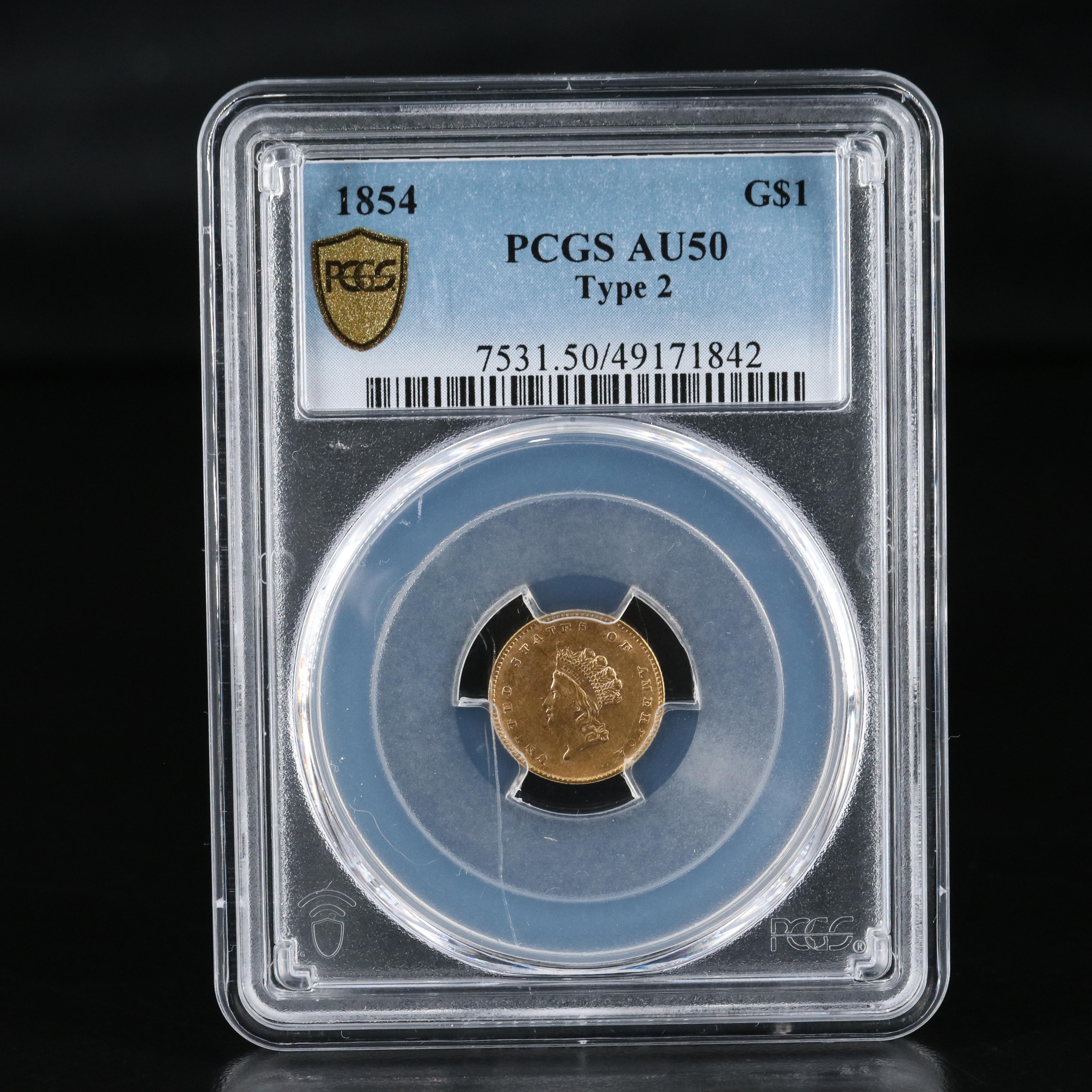 PCGS Graded AU50 1854 Liberty Head $1 Gold Coin