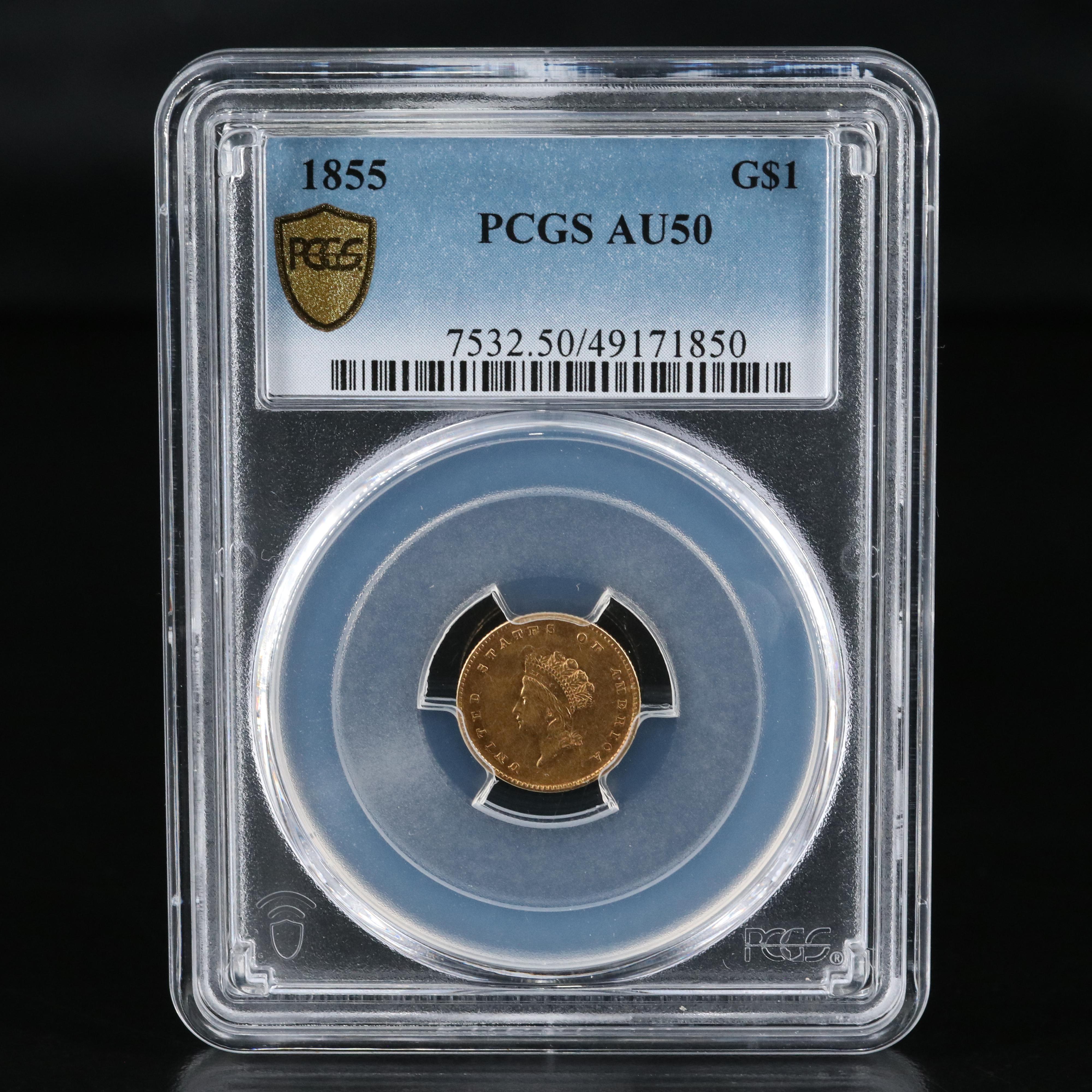 PCGS Graded AU50 1855 Type II Indian Head Princess $1 Gold Coin
