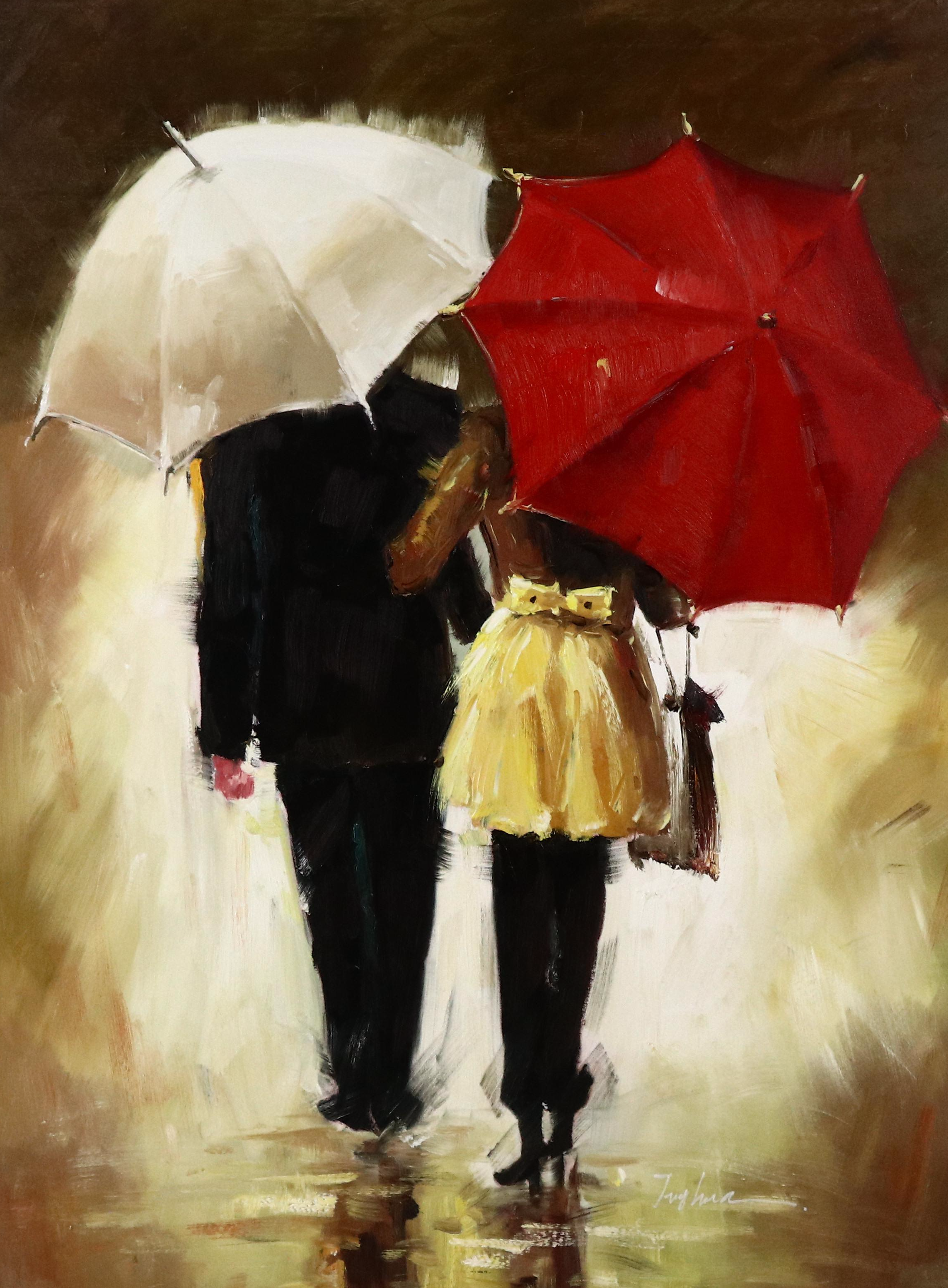 Oil Painting of Couple Walking in the Rain with Umbrellas