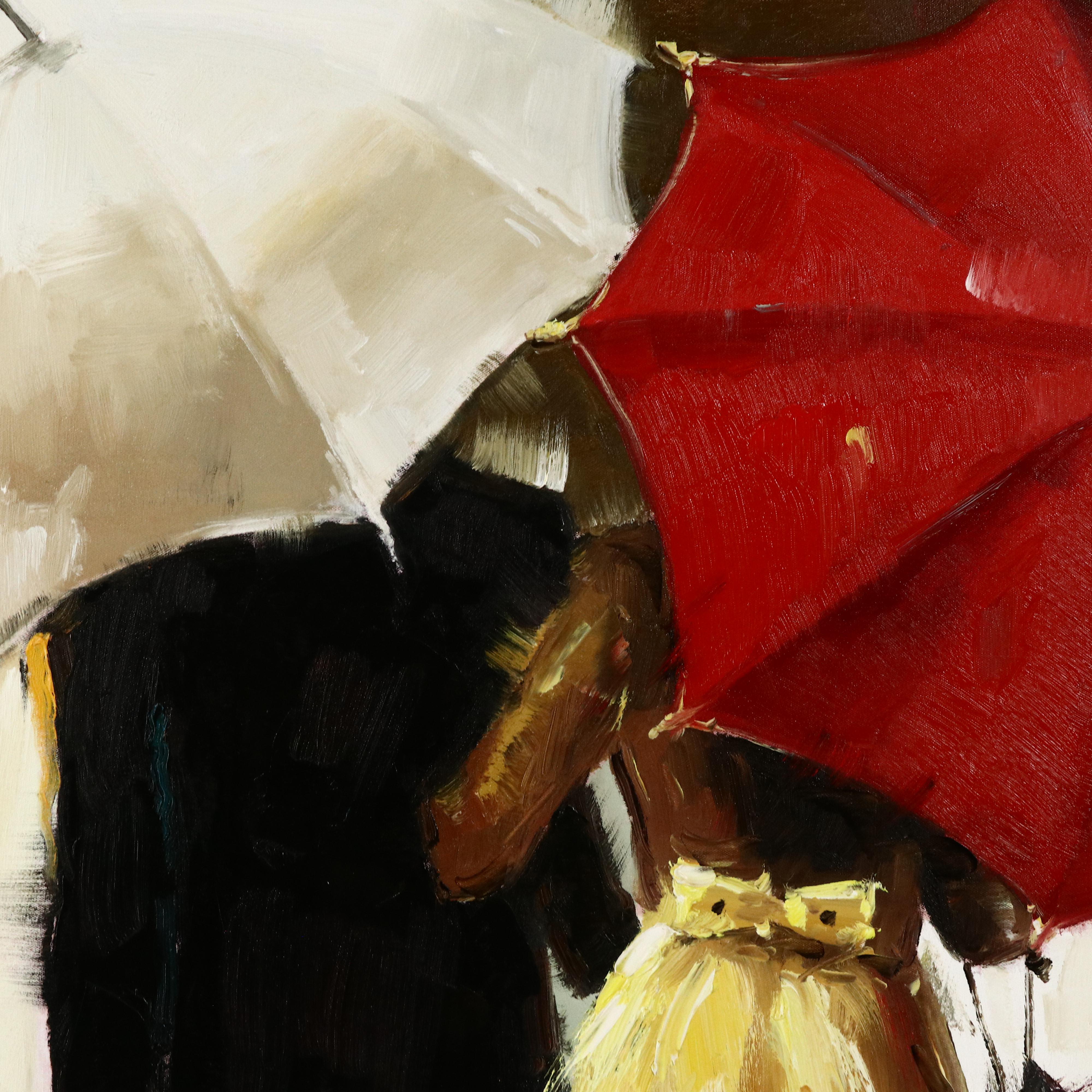 Oil Painting of Couple Walking in the Rain with Umbrellas