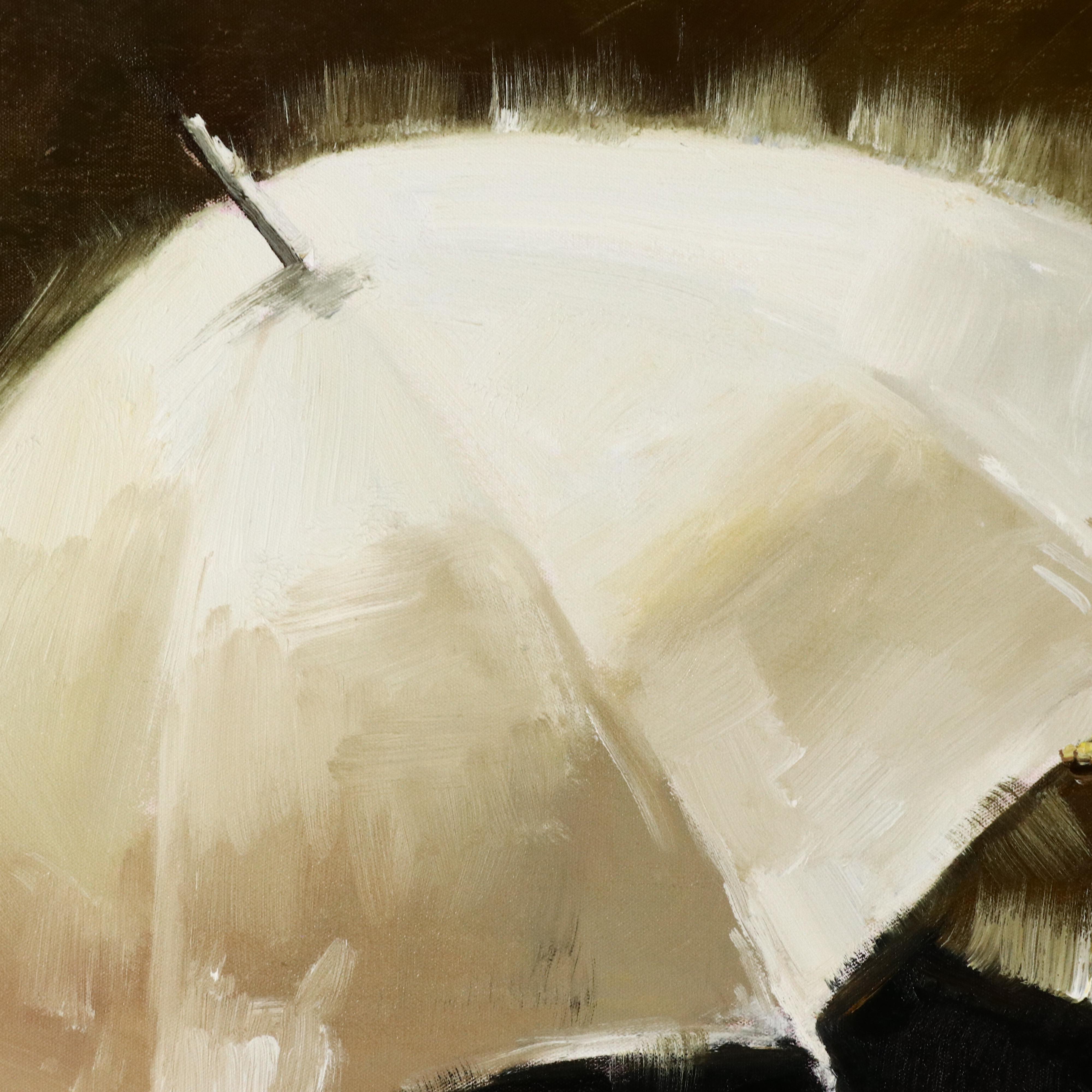 Oil Painting of Couple Walking in the Rain with Umbrellas