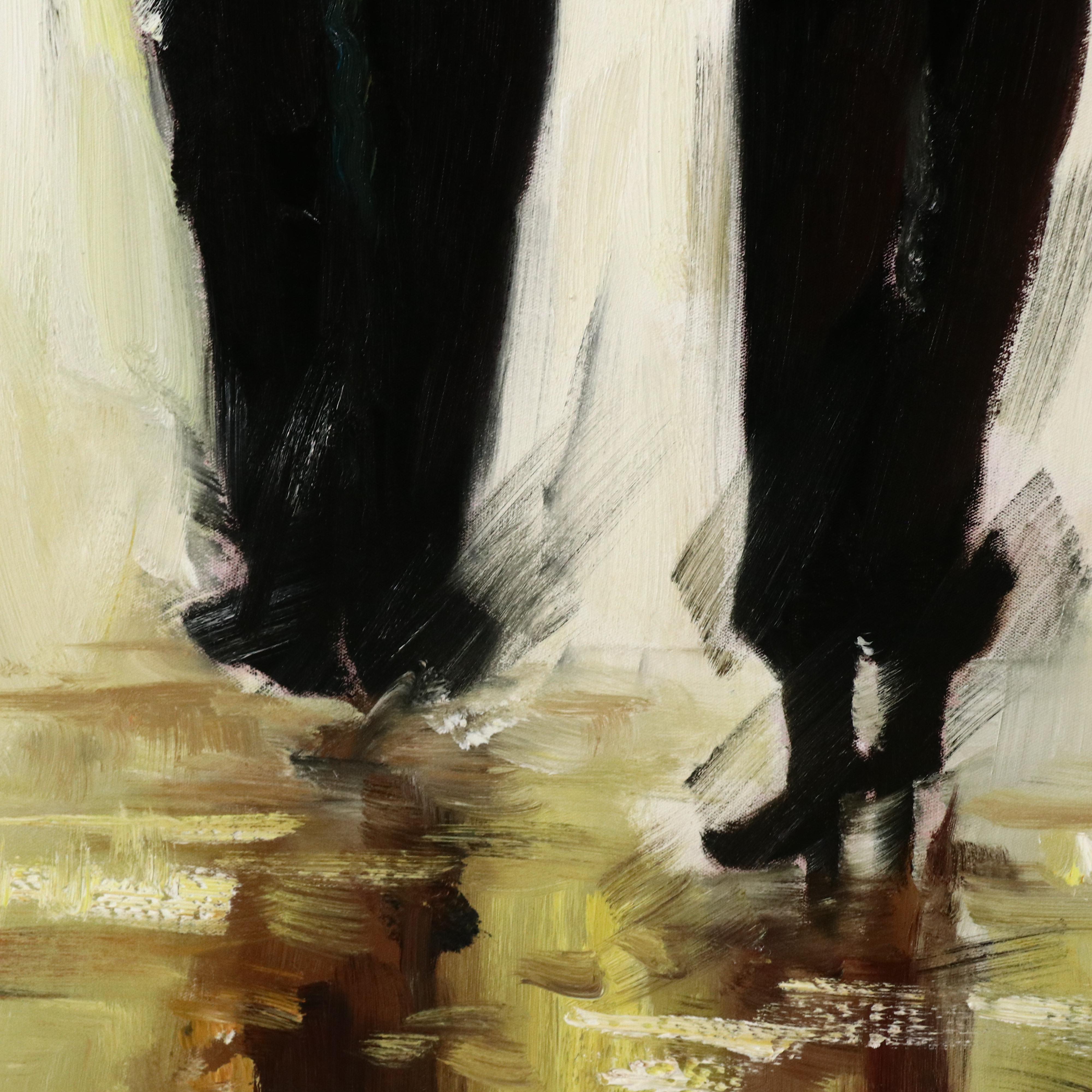 Oil Painting of Couple Walking in the Rain with Umbrellas