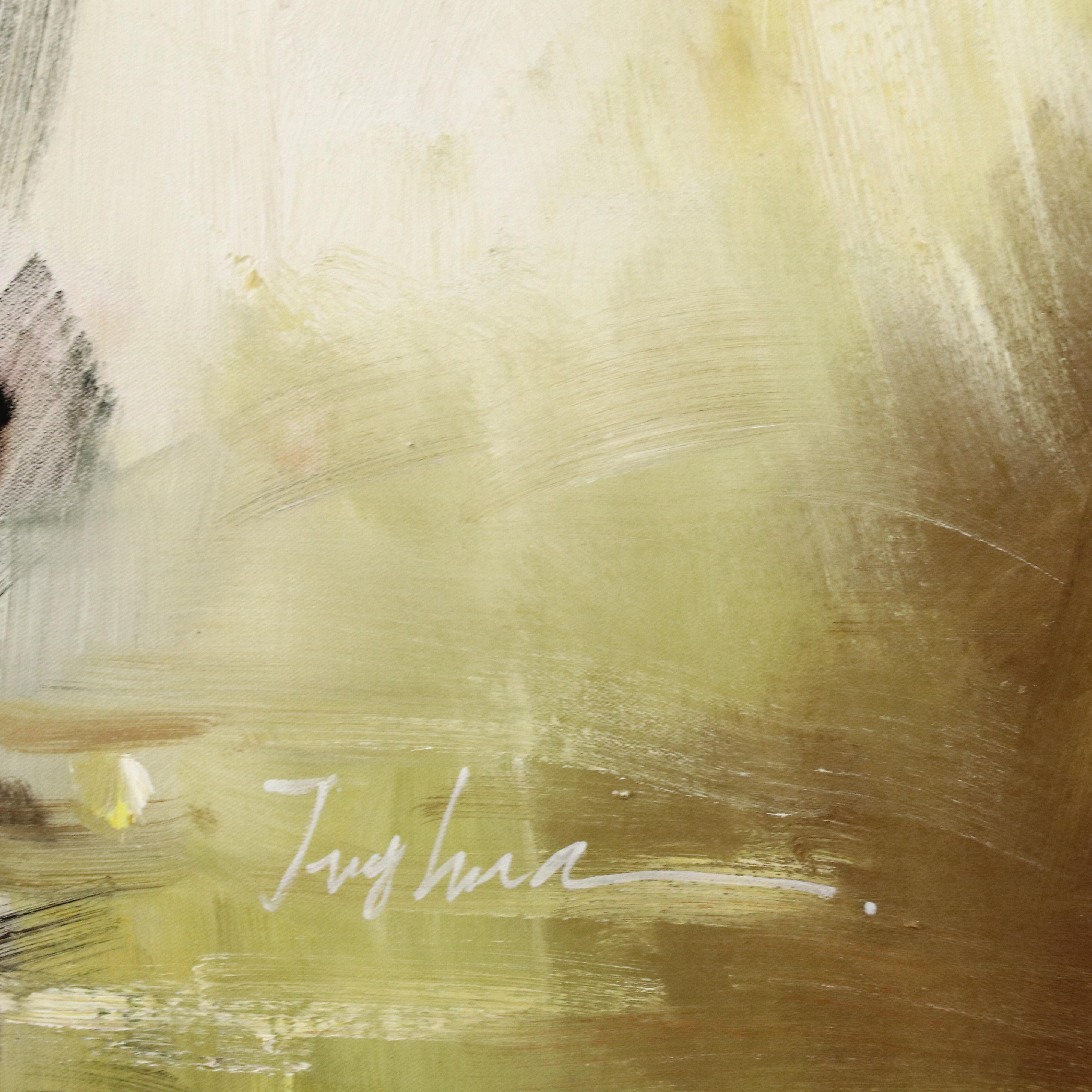 Oil Painting of Couple Walking in the Rain with Umbrellas