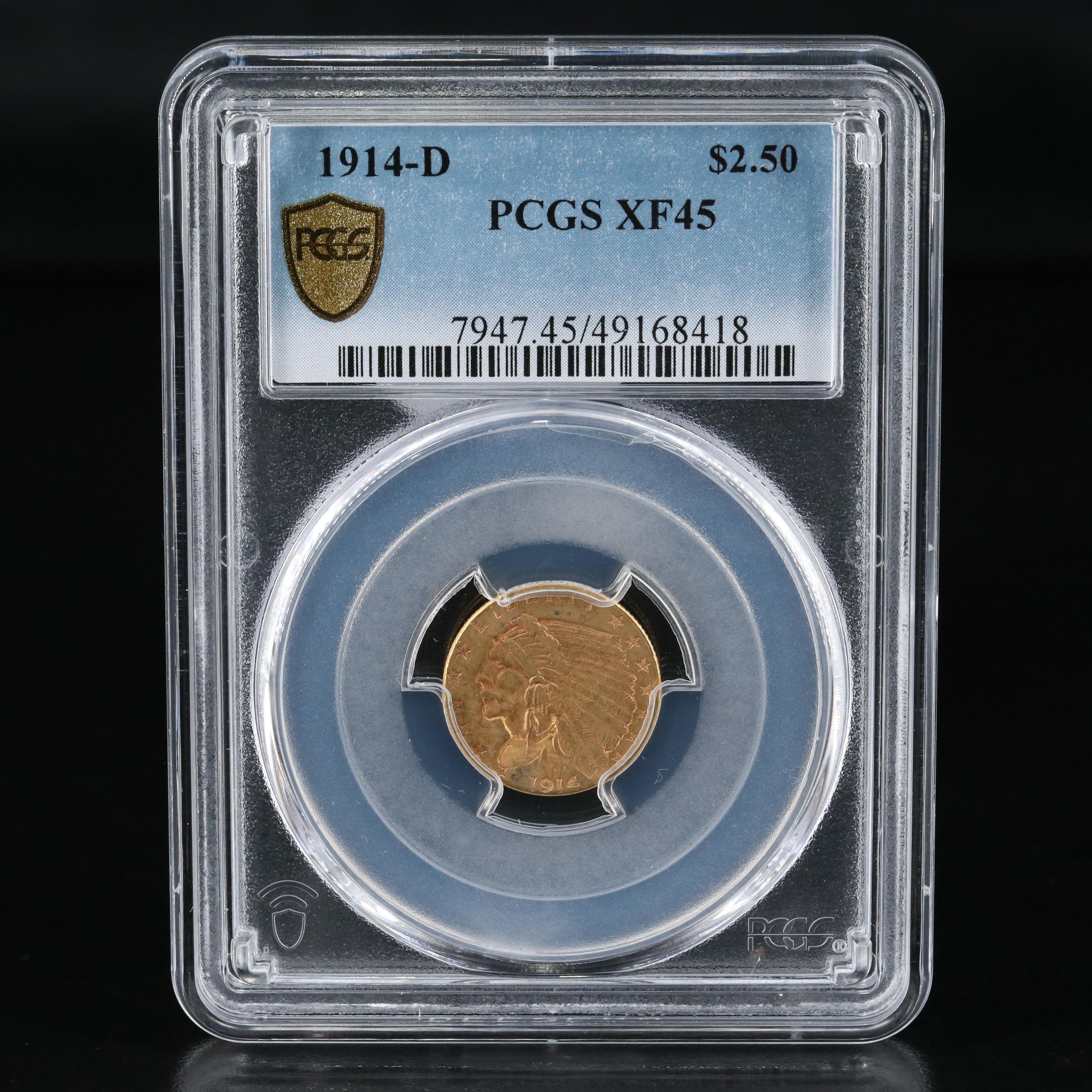 PCGS Graded XF45 1914-D Indian $2 1/2 Gold Coin