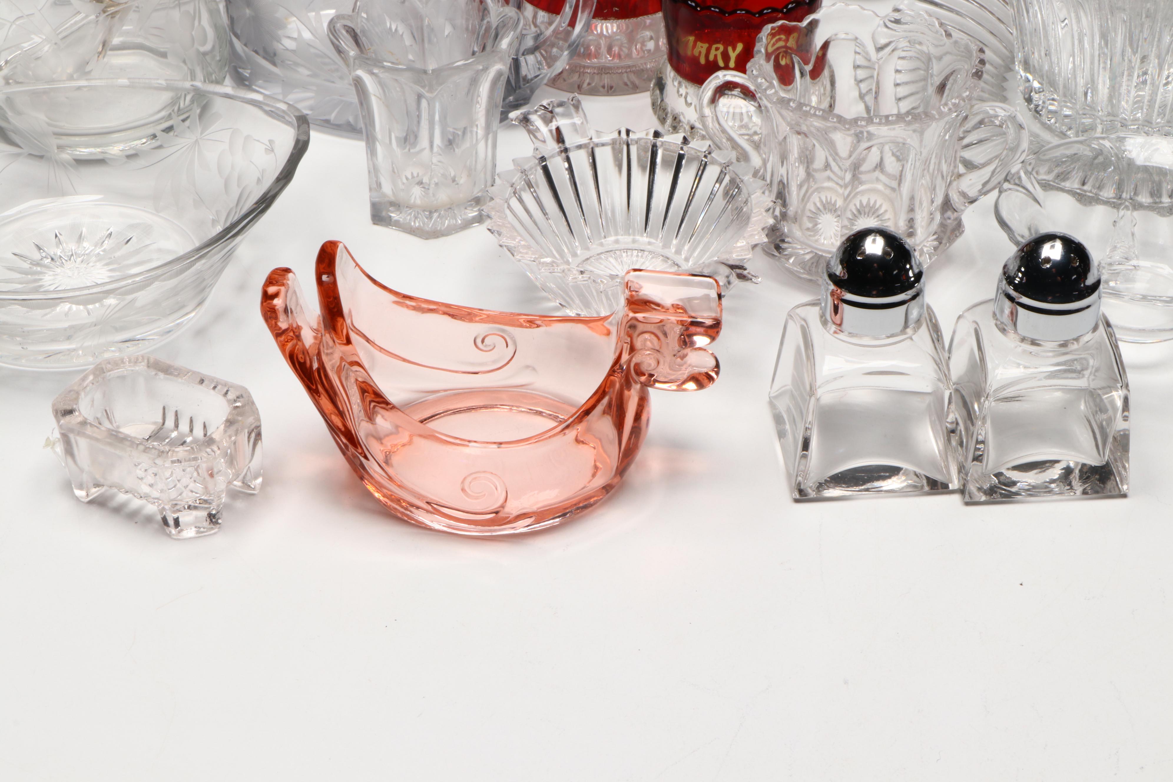 Heisey Duck Shaped Ashtray with Ruby Flashed and Other Glass Table Accessories