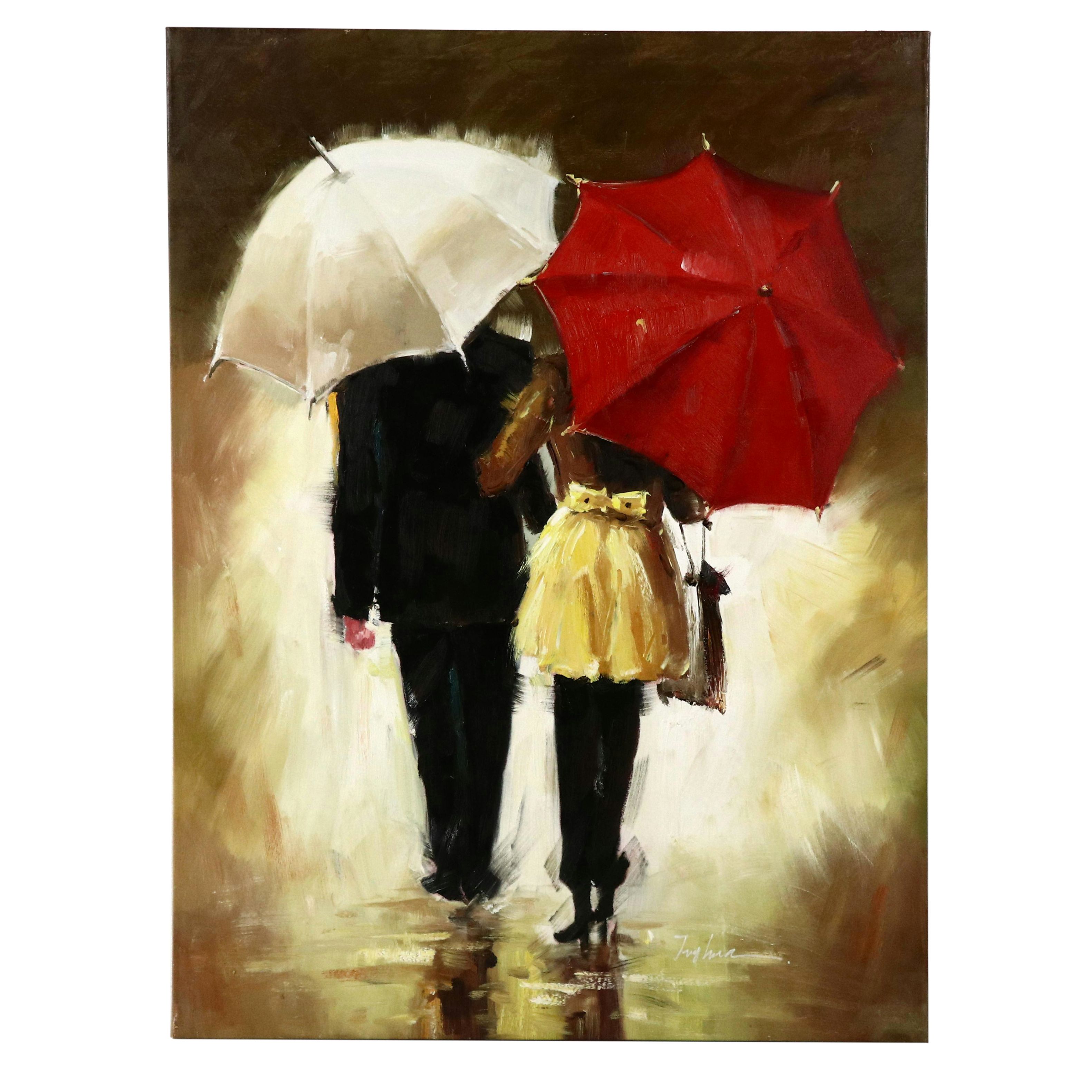 Oil Painting of Couple Walking in the Rain with Umbrellas