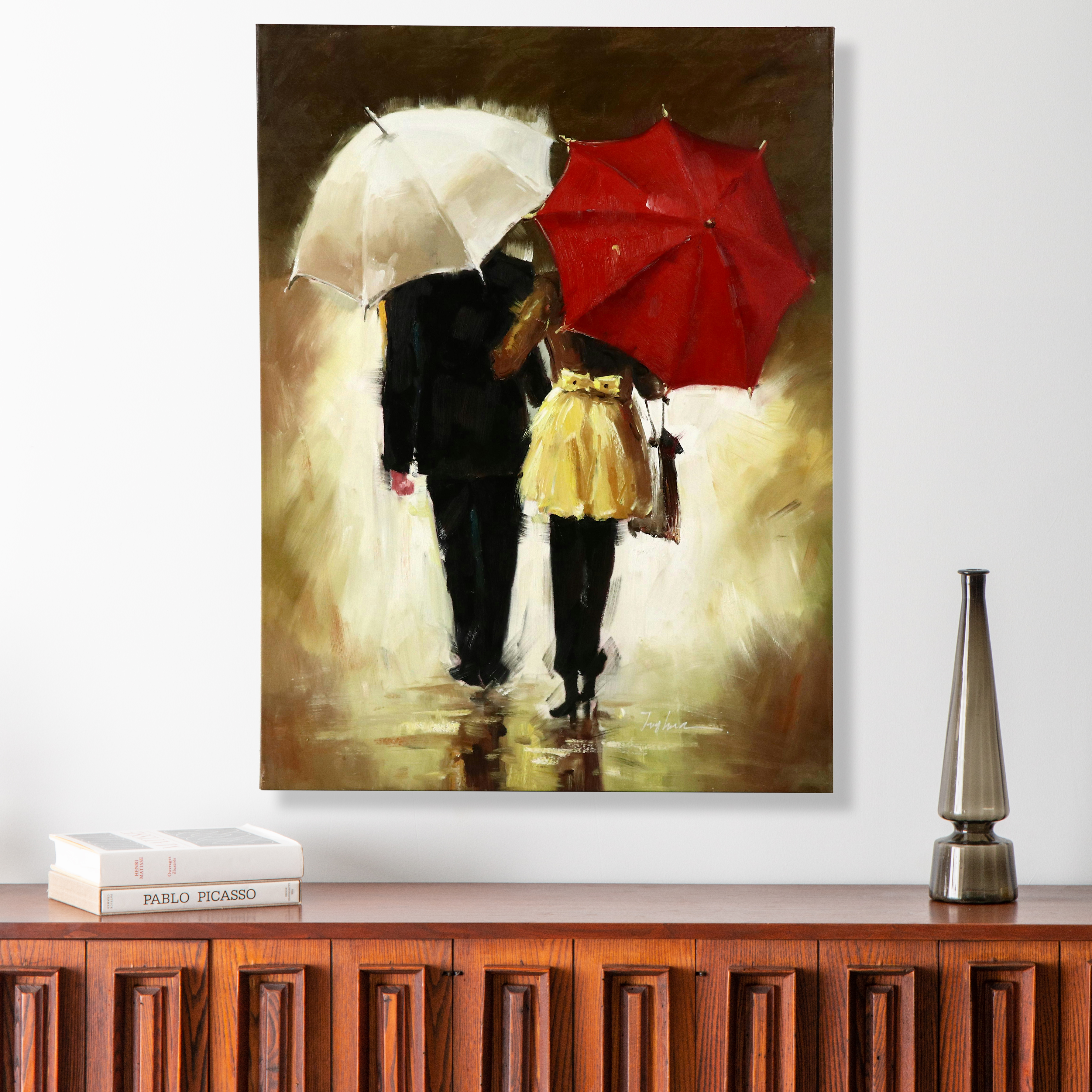 Oil Painting of Couple Walking in the Rain with Umbrellas