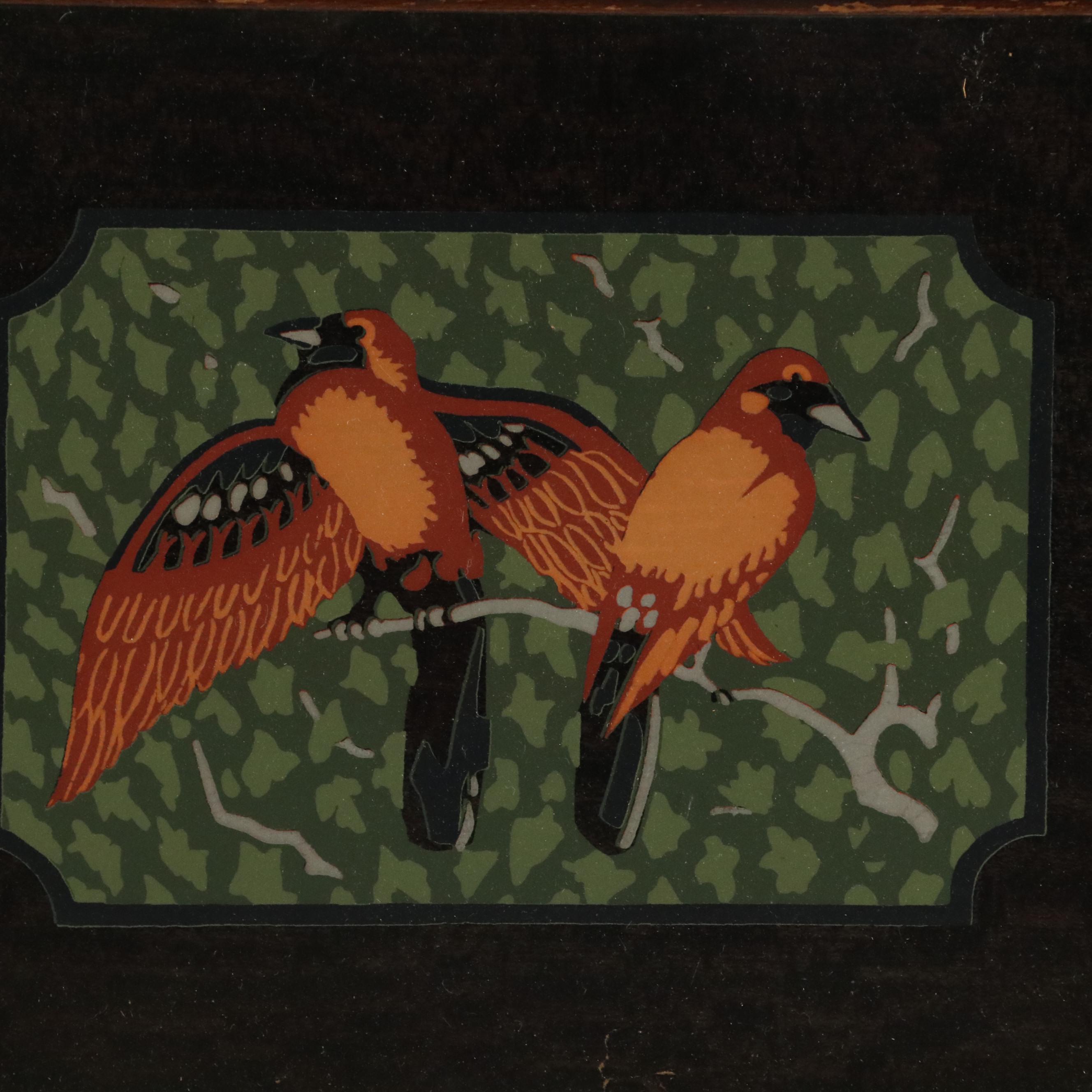Art Deco Style Wooden Tray, with Painted Bird Inset, Early to Mid-20th Century