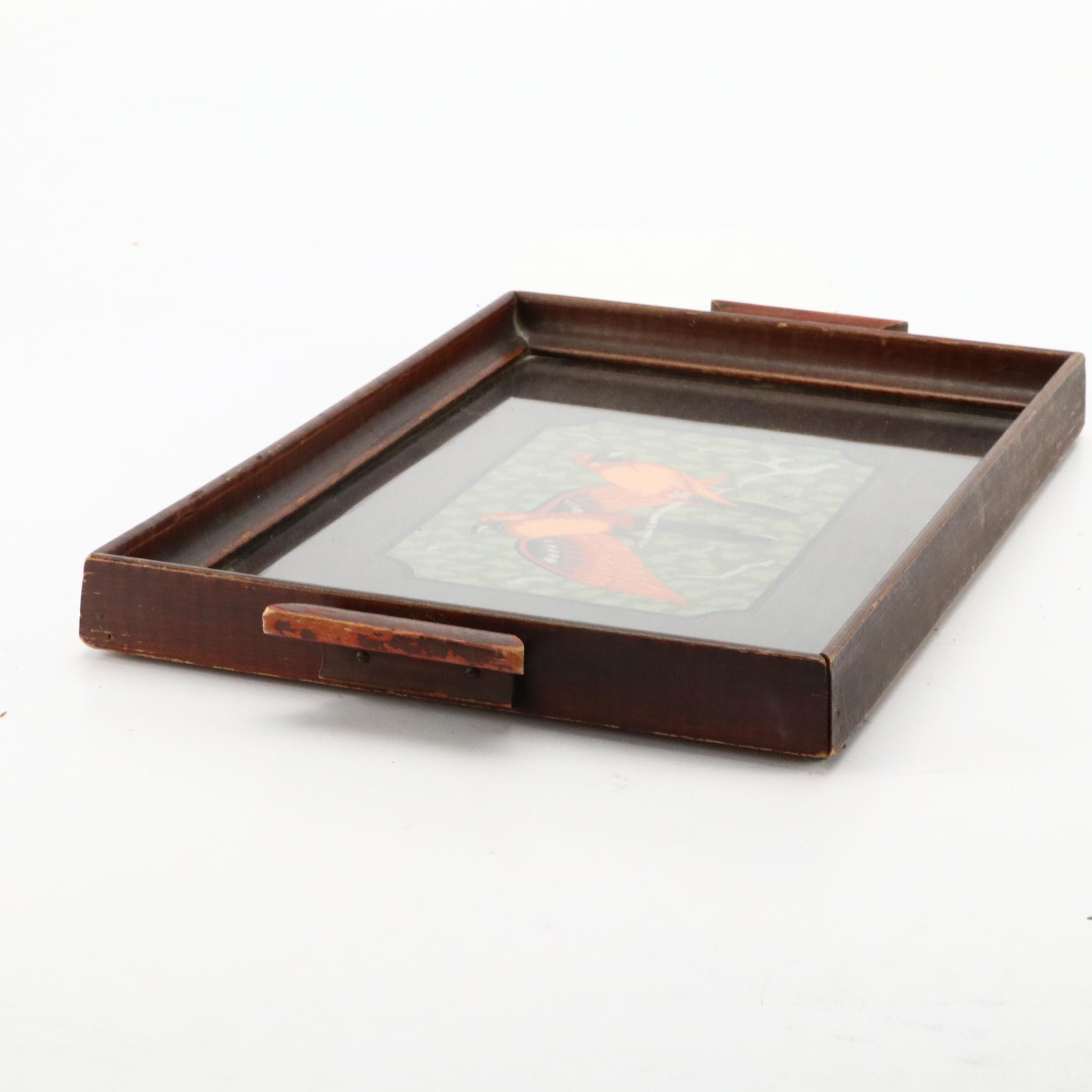 Art Deco Style Wooden Tray, with Painted Bird Inset, Early to Mid-20th Century