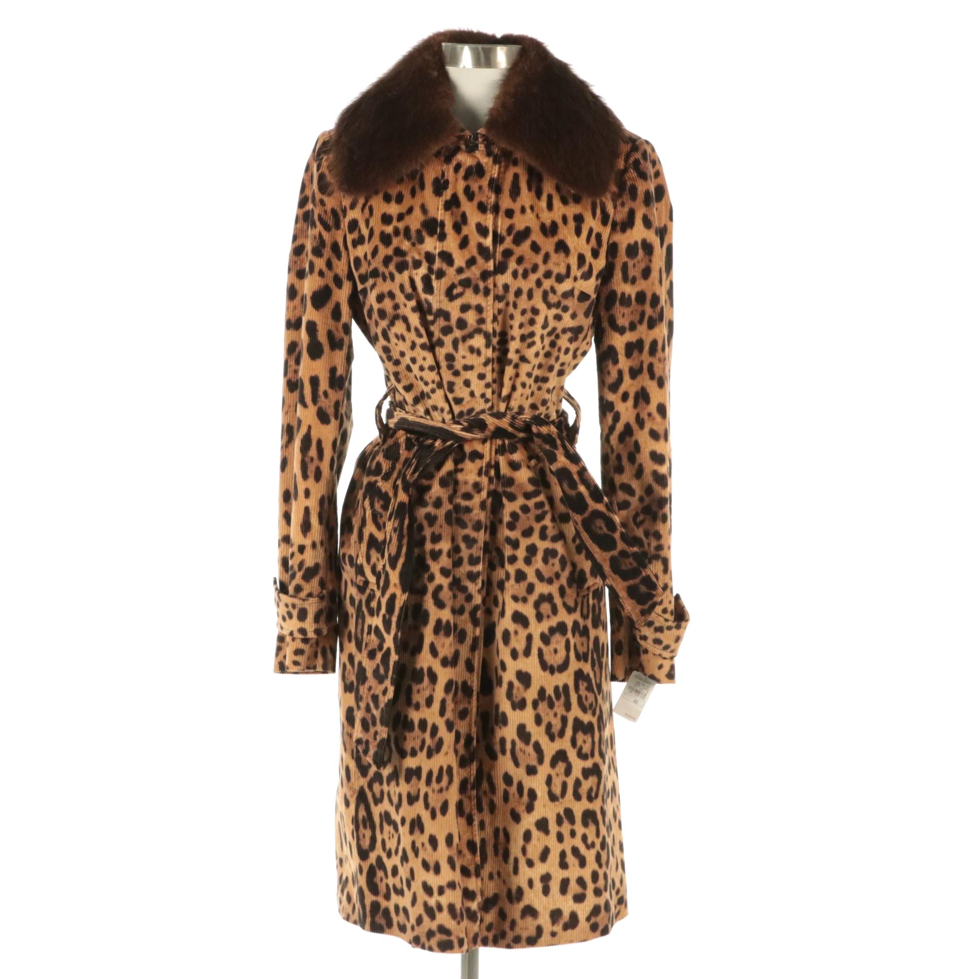 Dolce & Gabbana Brown Leopard Printed Corduroy Coat Mink Fur Collar with Tags