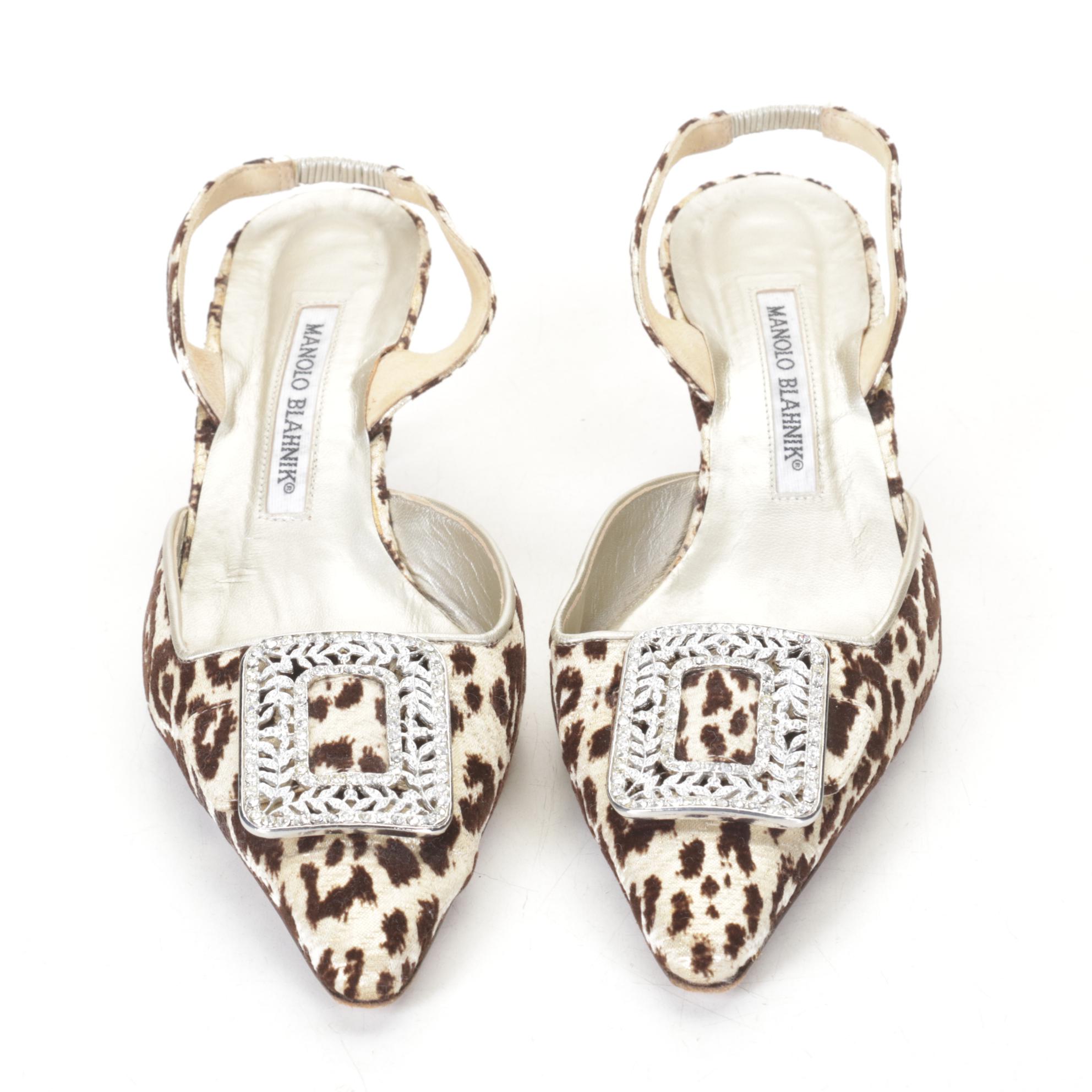 Manolo Blahnik Leopard Print Slingback Pumps with Crystal Embellished Buckles