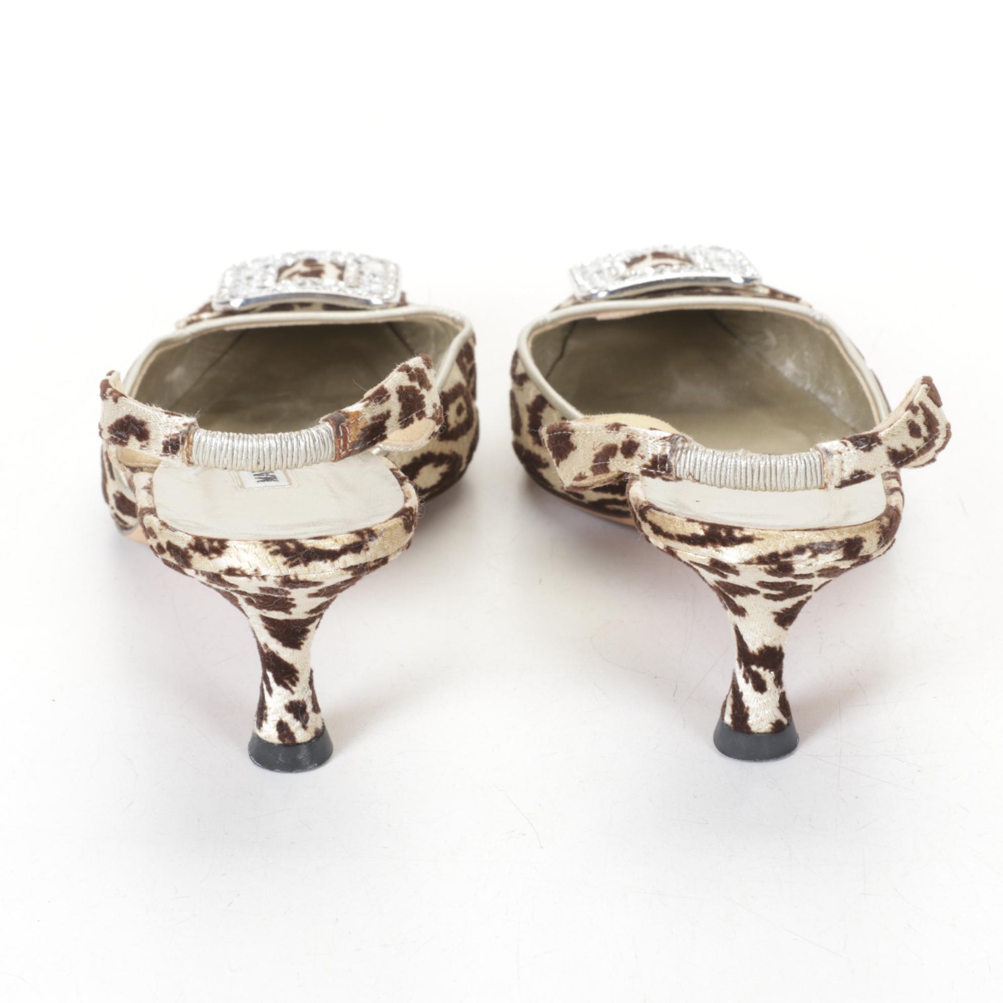 Manolo Blahnik Leopard Print Slingback Pumps with Crystal Embellished Buckles
