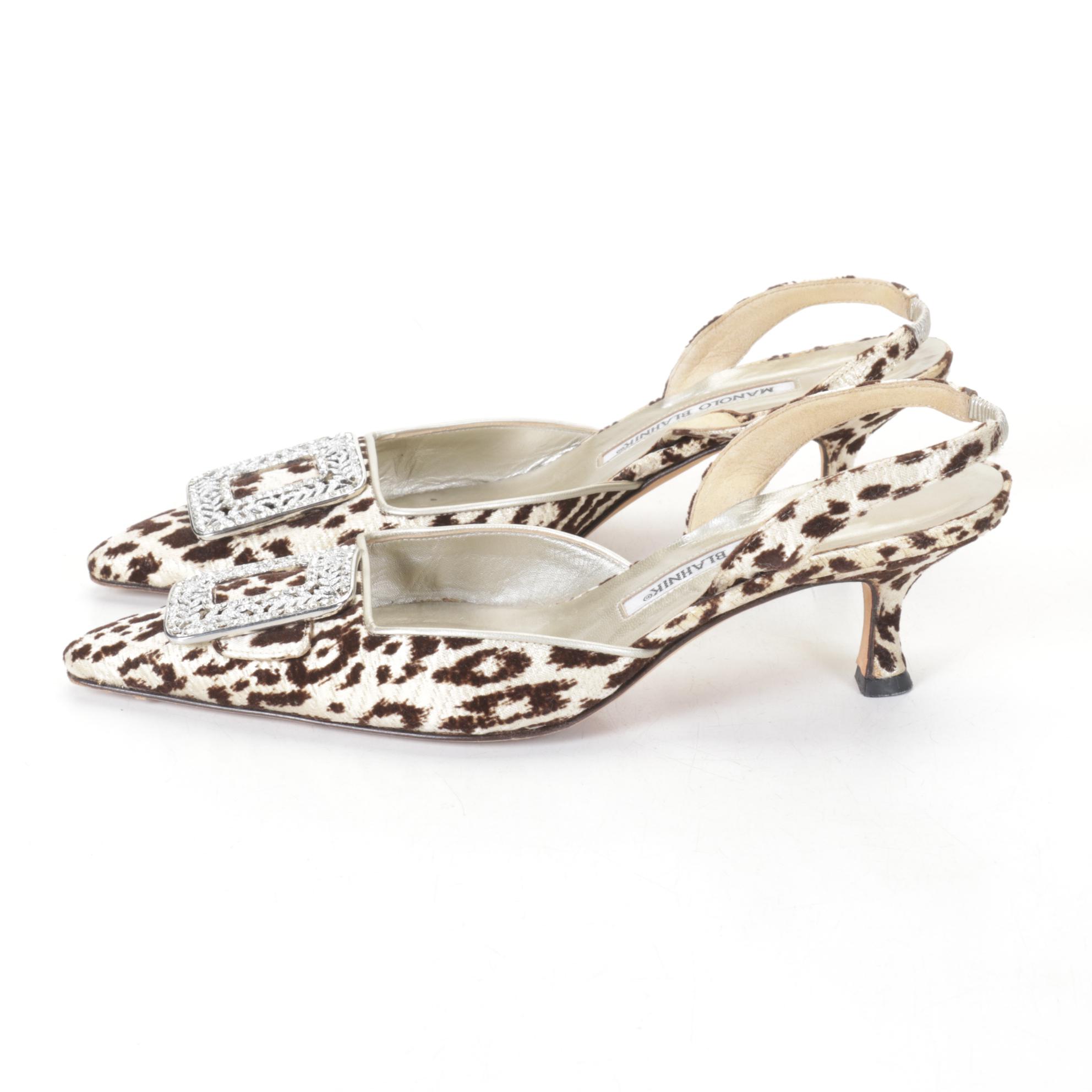Manolo Blahnik Leopard Print Slingback Pumps with Crystal Embellished Buckles