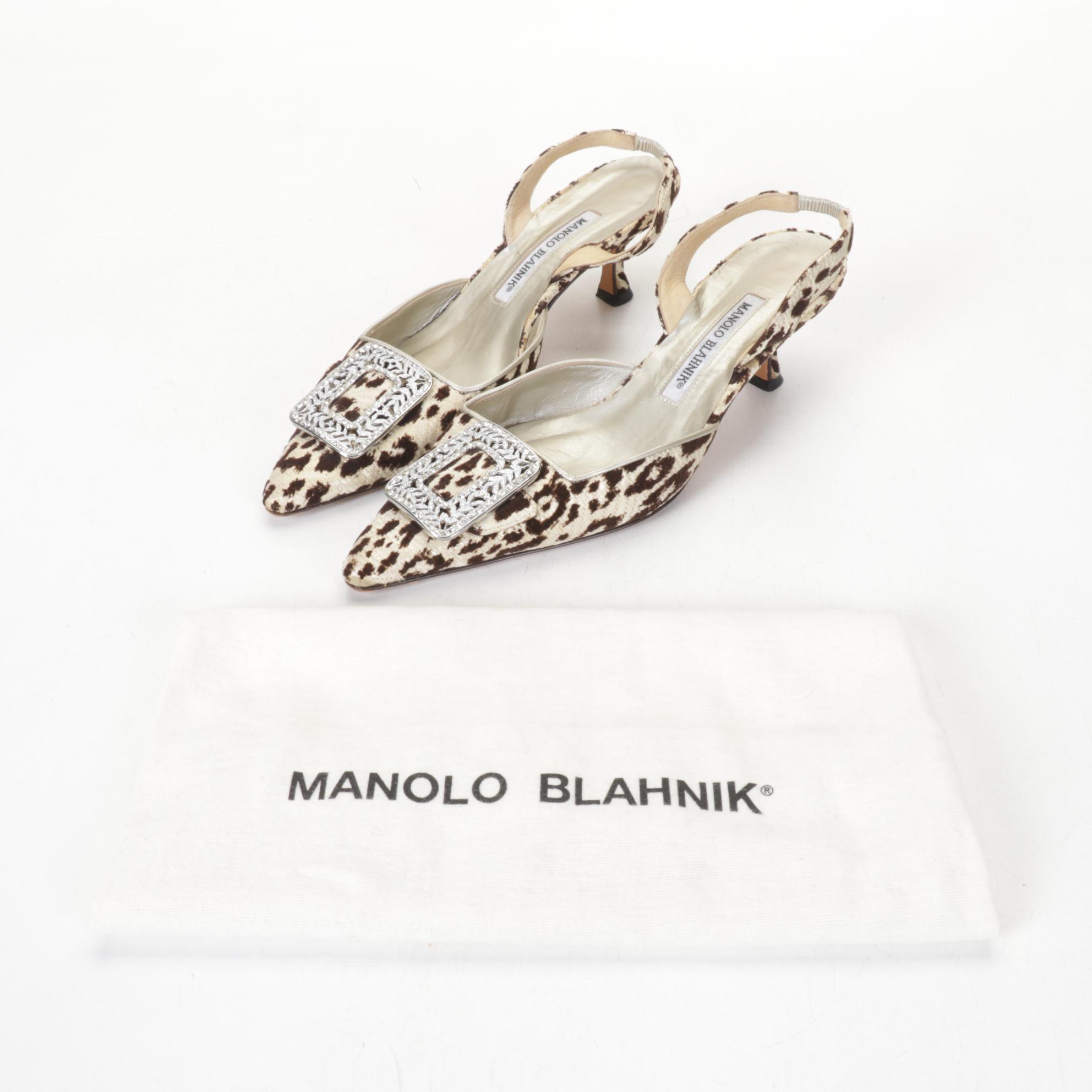 Manolo Blahnik Leopard Print Slingback Pumps with Crystal Embellished Buckles