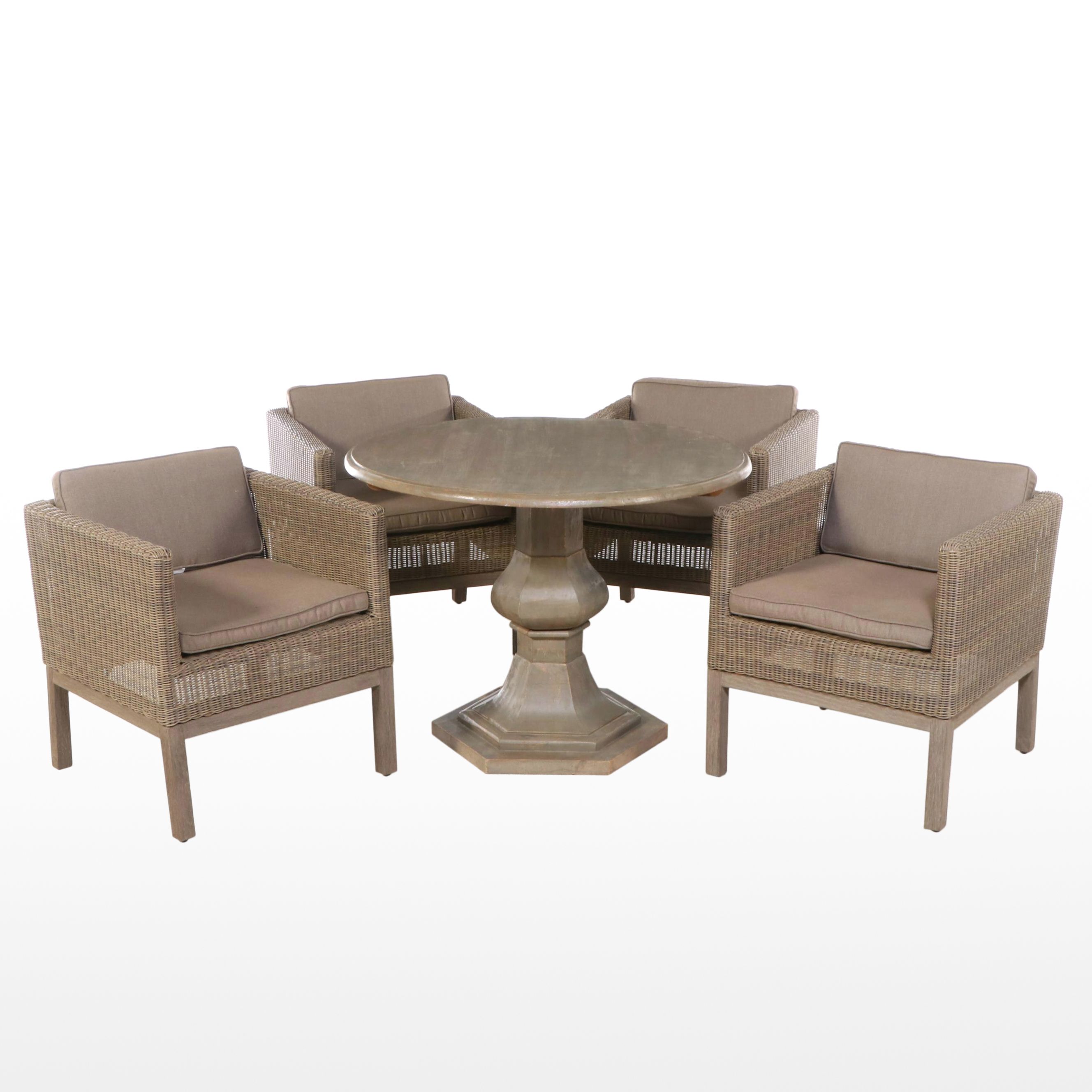 Restoration Hardware Set of Four Resin Wicker Armchairs with Wood Pedestal Table