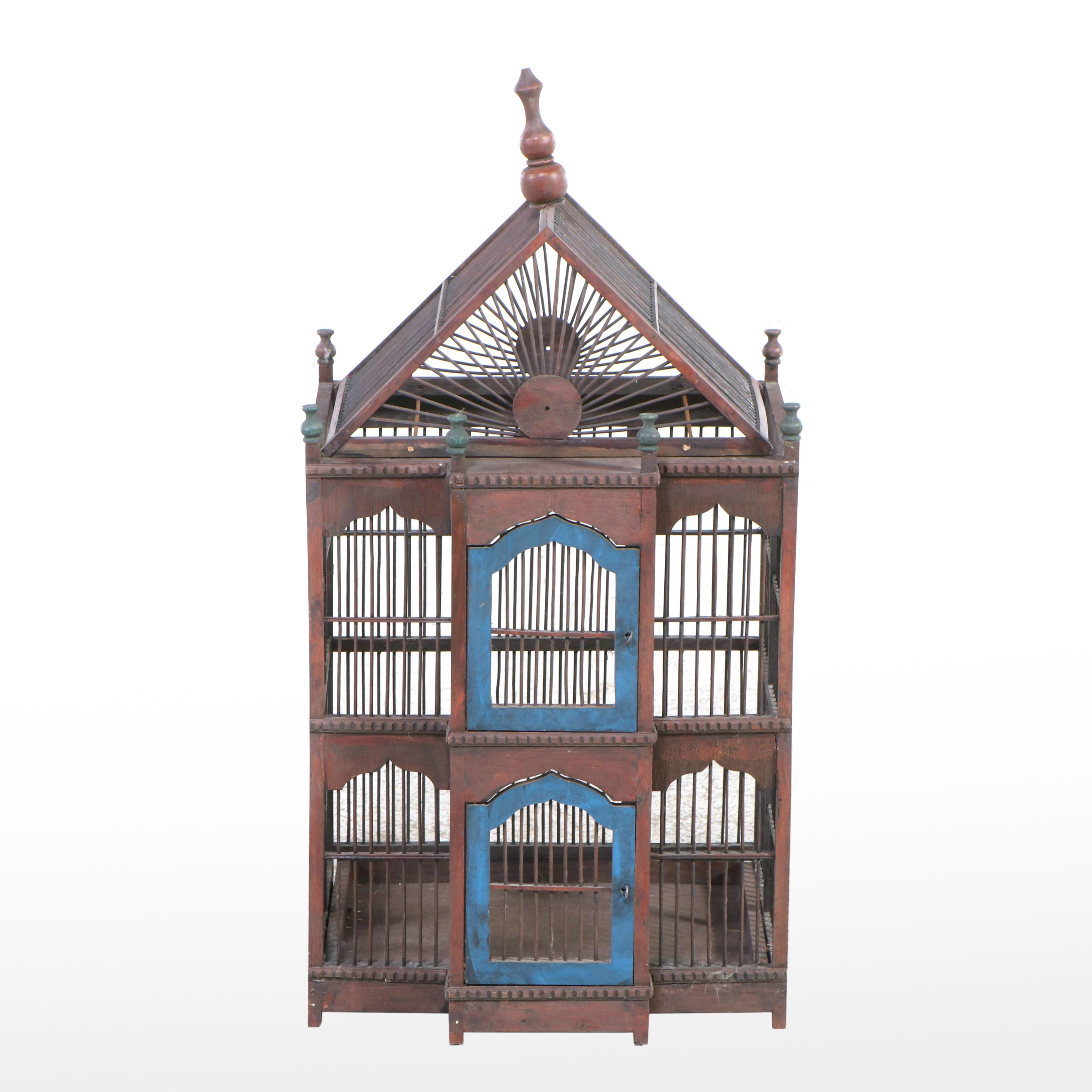 Victorian Style Parcel-Painted Wood Two-Door Birdcage