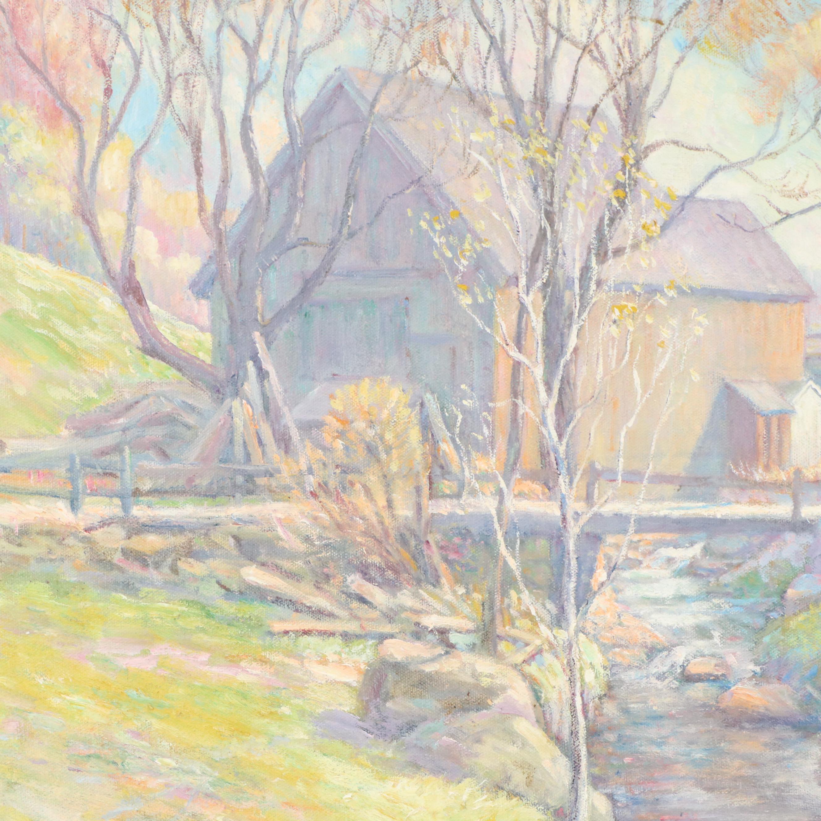 Watermill Landscape Oil Painting, 1960s