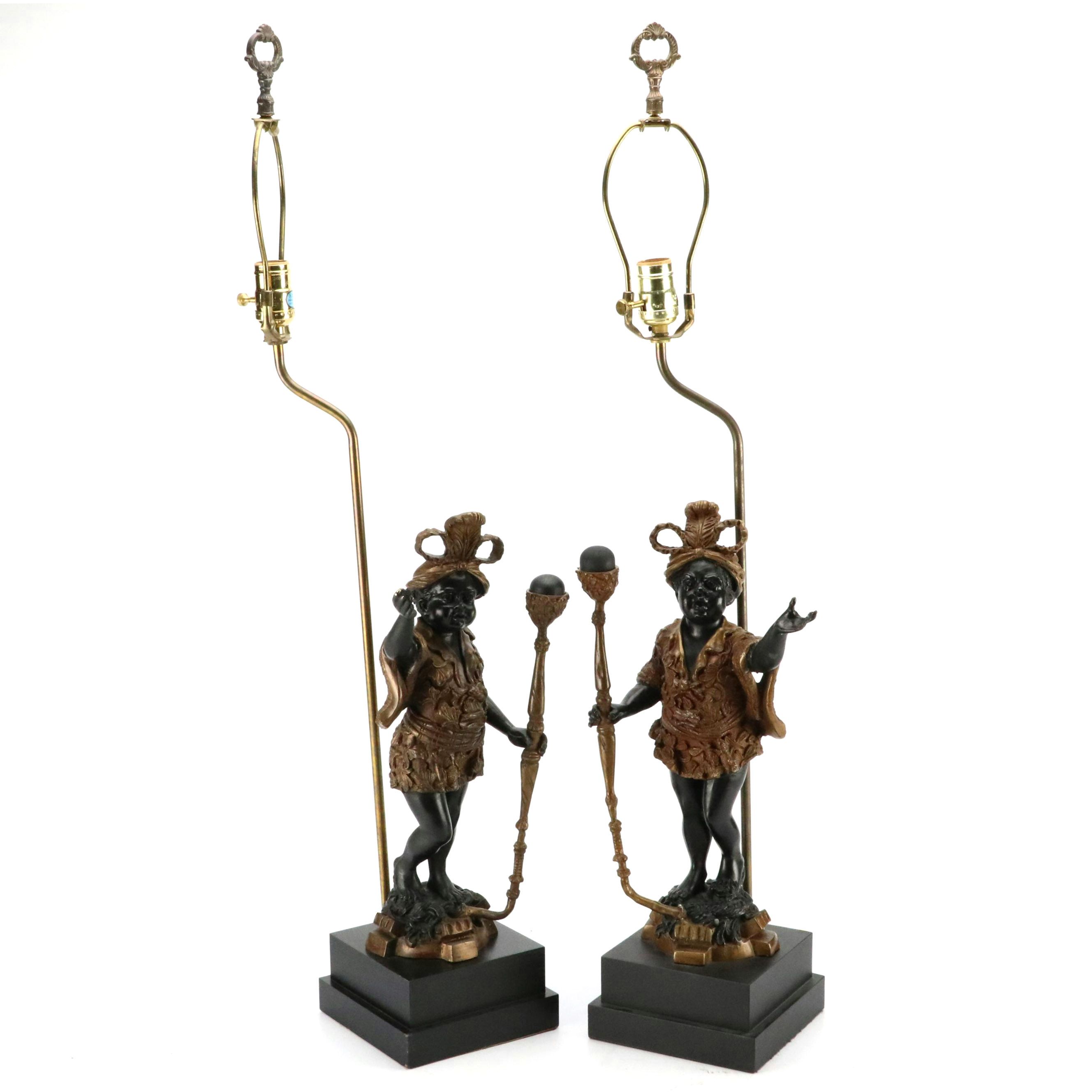 Pair of Brass Blackamoor Figural Table Lamps, Late 20th Century
