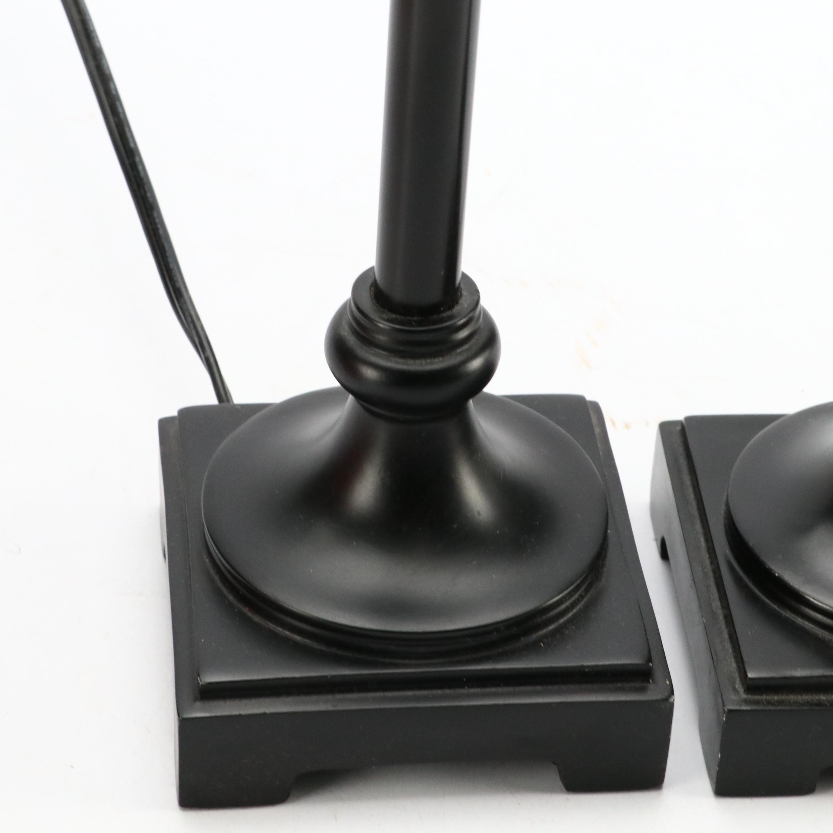 Contemporary Black Resin Candlestick Lamps with Rust Silk Square Shades