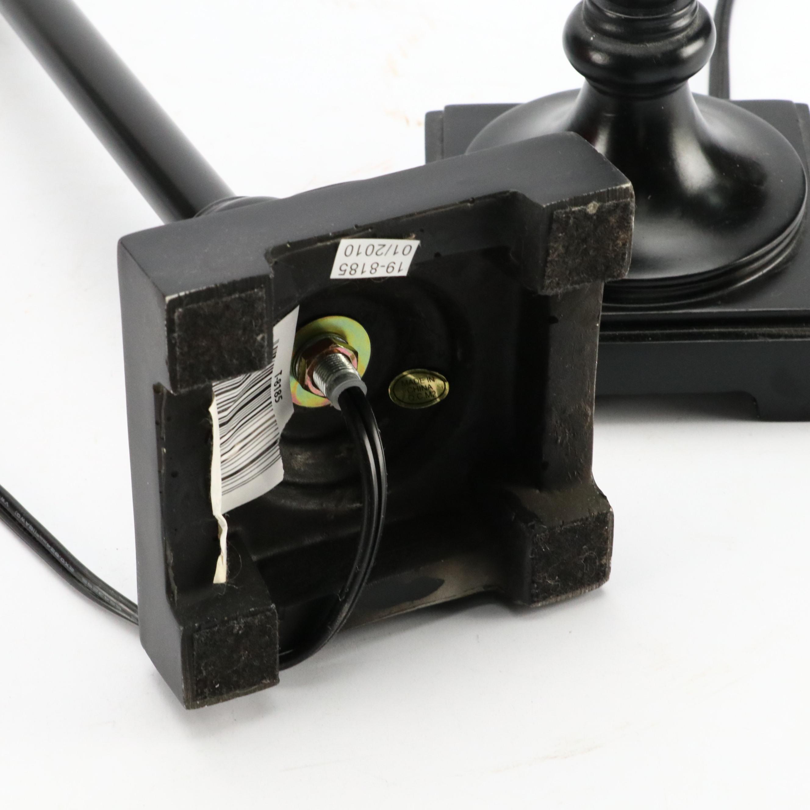 Contemporary Black Resin Candlestick Lamps with Rust Silk Square Shades